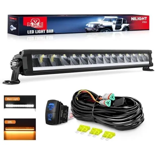 Nilight LED Light Bar with Amber DRL 19.5 Inch 75W Single Row Offroad Light Anti-Glare Flood Spot Combo Slim Light Bar IP68 w/ 16AWG DT Wiring Kit for Pickup Truck SUV ATV UTV Boat 4x4 Jeep
