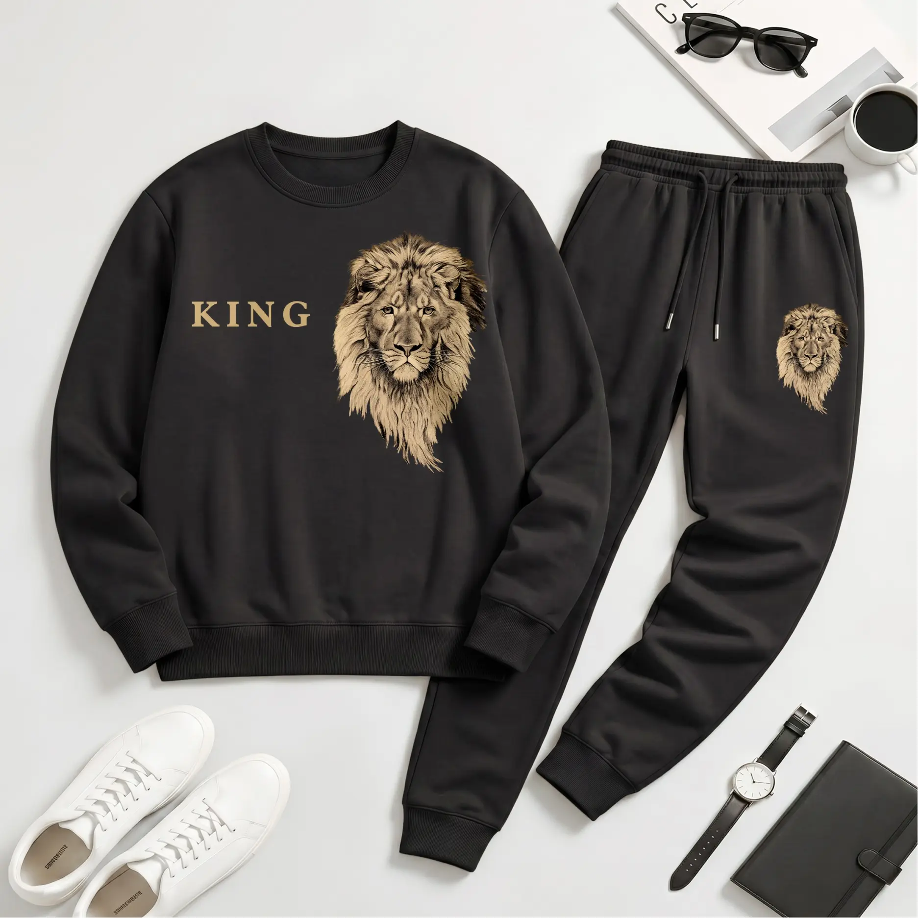 Men's 2-Piece Minimalist Menswear Loose Round Neck King Lion Graphic Crewneck Sweatshirt & Jogger Set - Polyester, Casual Long Sleeve Pullover, Drawstring Pants, Warm Fall Winter Tracksuit for Daily Wear, Lounge, Breathable, Letter Print, Machine Wash