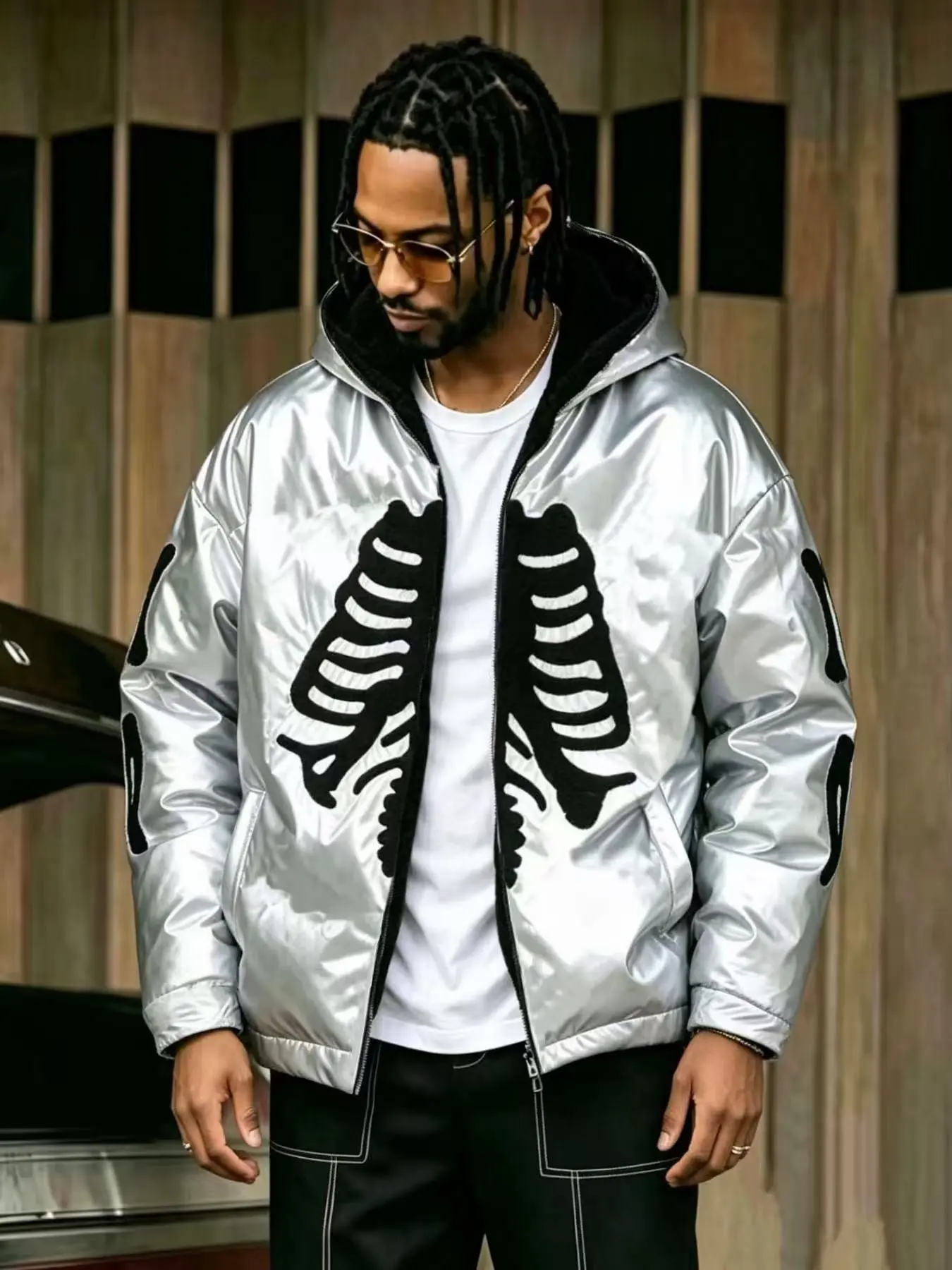 Men's Gothic Autumn Winter Comfortable Jacket, Long Sleeve Outerwear, Silver Color Skull Print Open Front Sweatshirt, Halloween Costume, Streetwear