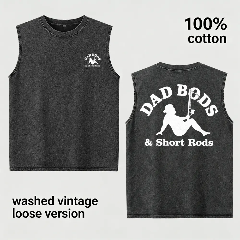 Vintage Washed "Dad Bods & Short Rods" Fishing Tank Top | Men's Loose Fit 100% Cotton Muscle Shirt Funny Beer Gut Humor Streetwear Dark Grey