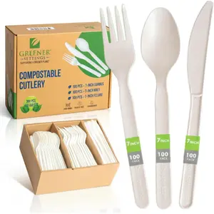 100% Compostable Cutlery Set 300pc Disposable Forks, Spoons & Knives Heavy-Duty 7" Plant-Based Utensils Heat Resistant Eco-Friendly Alternative to Plastic With Serving Tray (100 Sets)