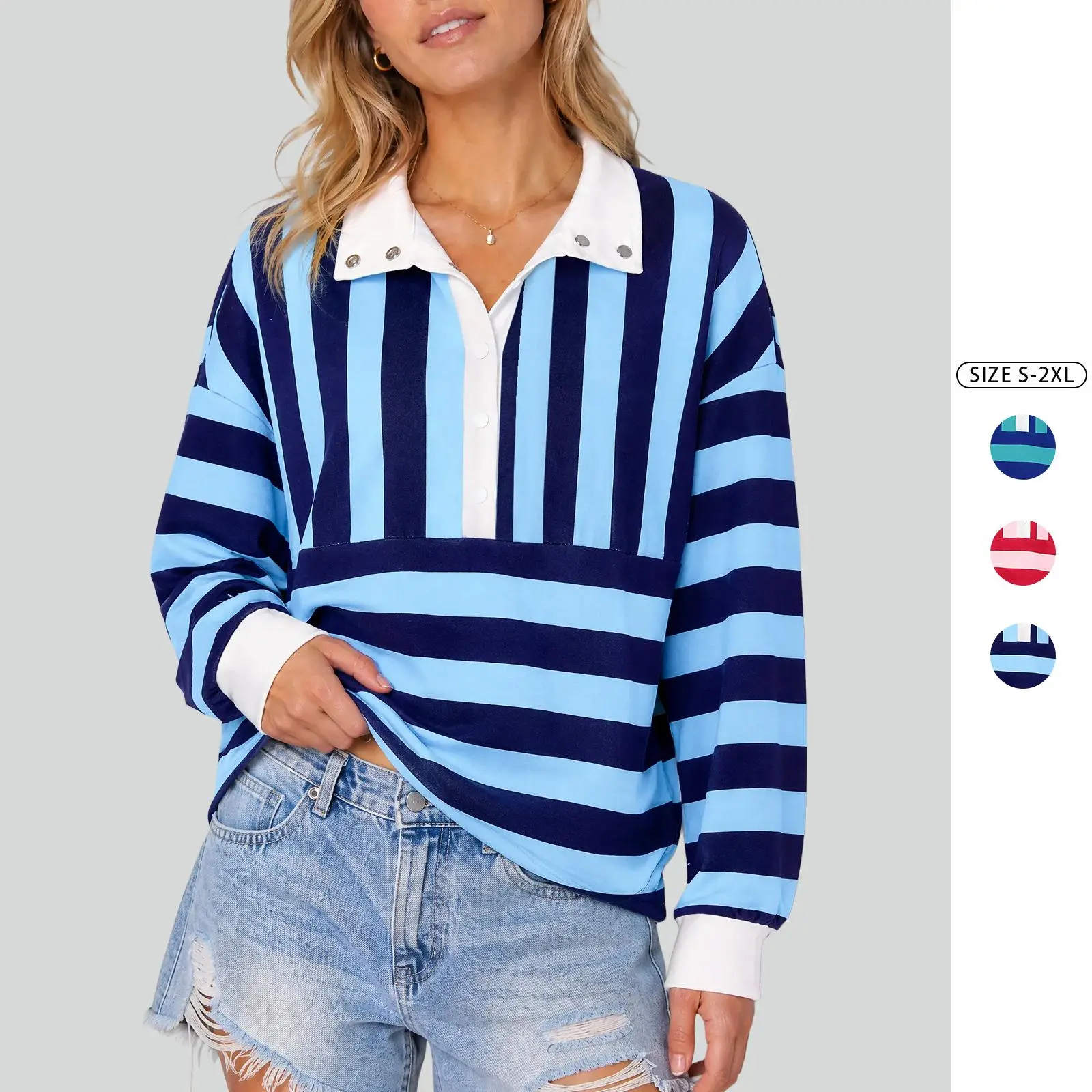 Imily Bela Women Striped Long Sleeve Polo Shirts Oversized Color Block Collared Pullover Casual Preppy Sweatshirt Fall Tops