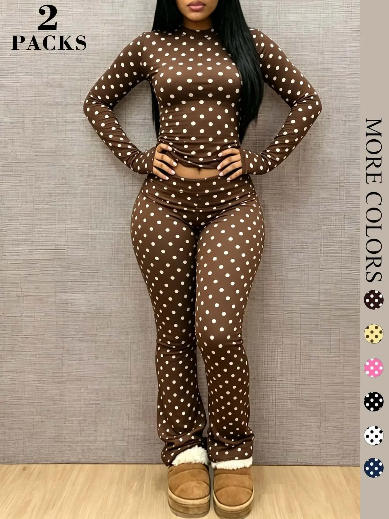 Women's Four-Season Slim Fit Polka Dot Two-Piece Set, Round Neck Long Sleeve Top with High Waist Flare Pants, Comfortable and Stylish