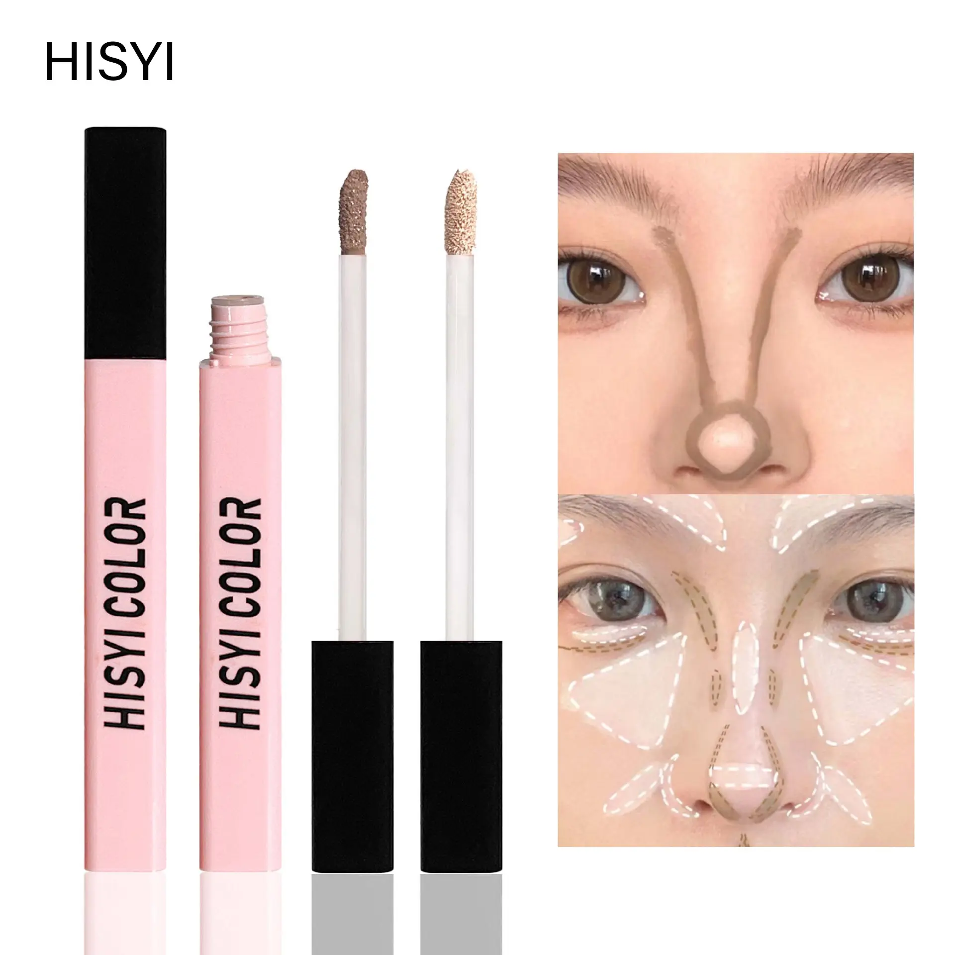 HISYI Dual Shade Liquid Contour & Highlighter Stick, 2 In 1 Face Sculpting Liquid Makeup, Silky Blendable Long Lasting Cream Liquid, Soft Sponge Brush For Easy Blending, Create Defined Nose Cheek Jawline Stereo Makeup