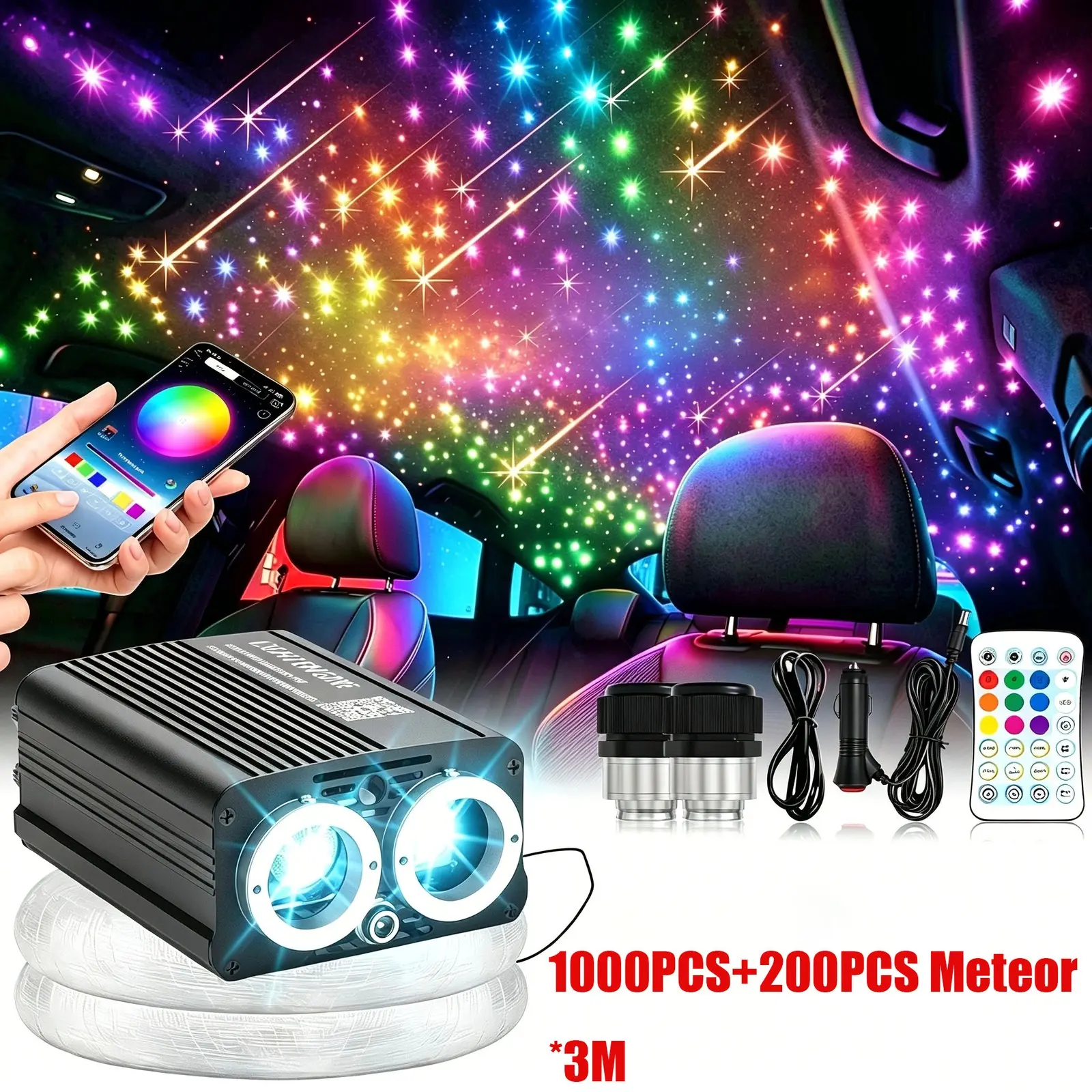 1000pcs 3m Fiber Optic Lights Starlight Headliner Kit +200pcs Meteor Shooting Star, Car Roof Ceiling Star Light Decor