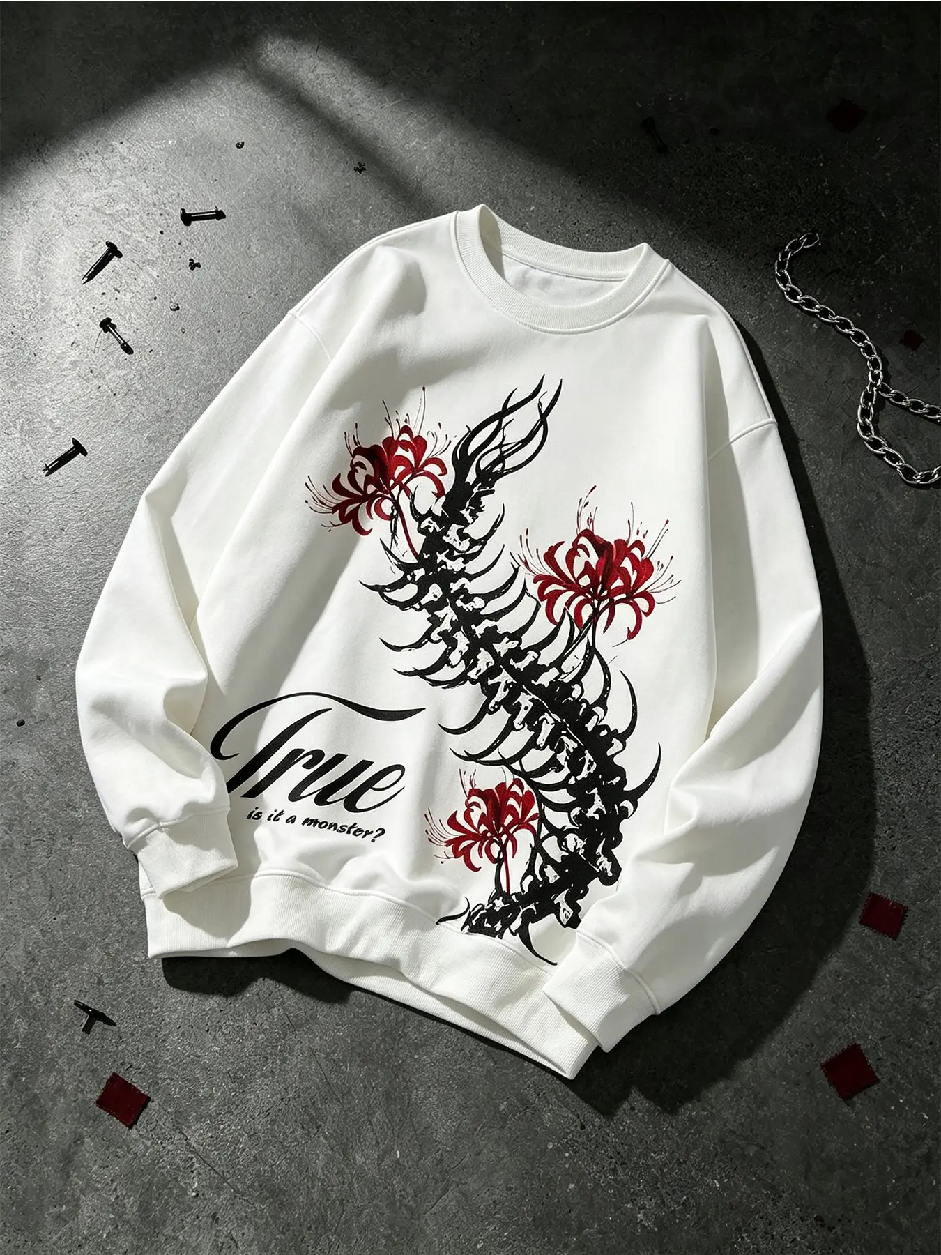 Unisex Fleece Lined Crewneck Sweatshirt Casual Dark Aesthetic Spider Lily Skeleton Spine Graphic Print Oversized Loose Warm Streetwear Tops Multi Color