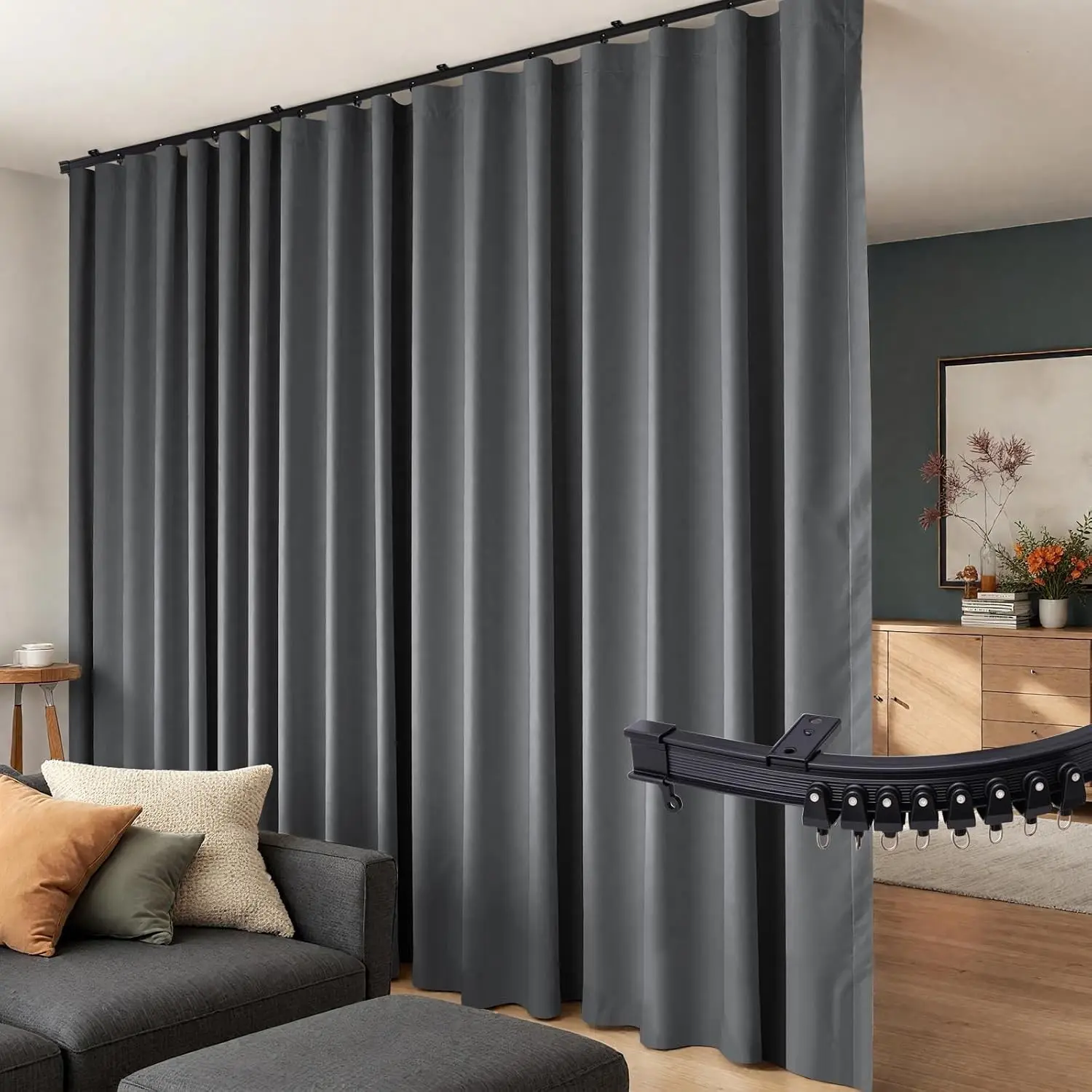 Room Divider Curtains Flexible Ceiling Tracks Set Curtain Track Ceiling Mount Blackout Curtain for Bedroom Living Room Ceiling Curtain Rod Privacy Dividers Panels W100 x H84 Grey Drape & Black Rail