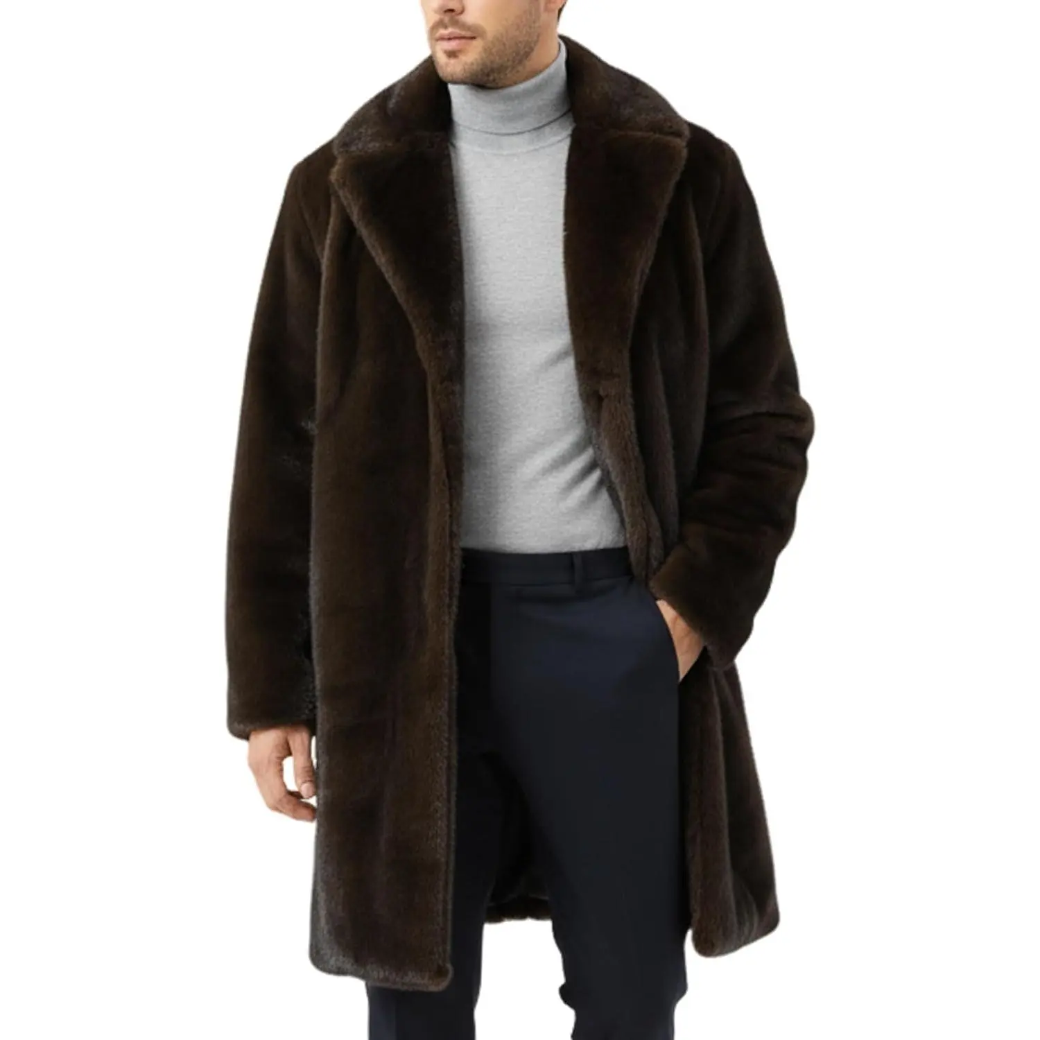 Gihuo Men's Faux Fur Long Coat Winter Faux Mink Trench Coat Lapel Thick Overcoat Business Fluffy Jacket for Men