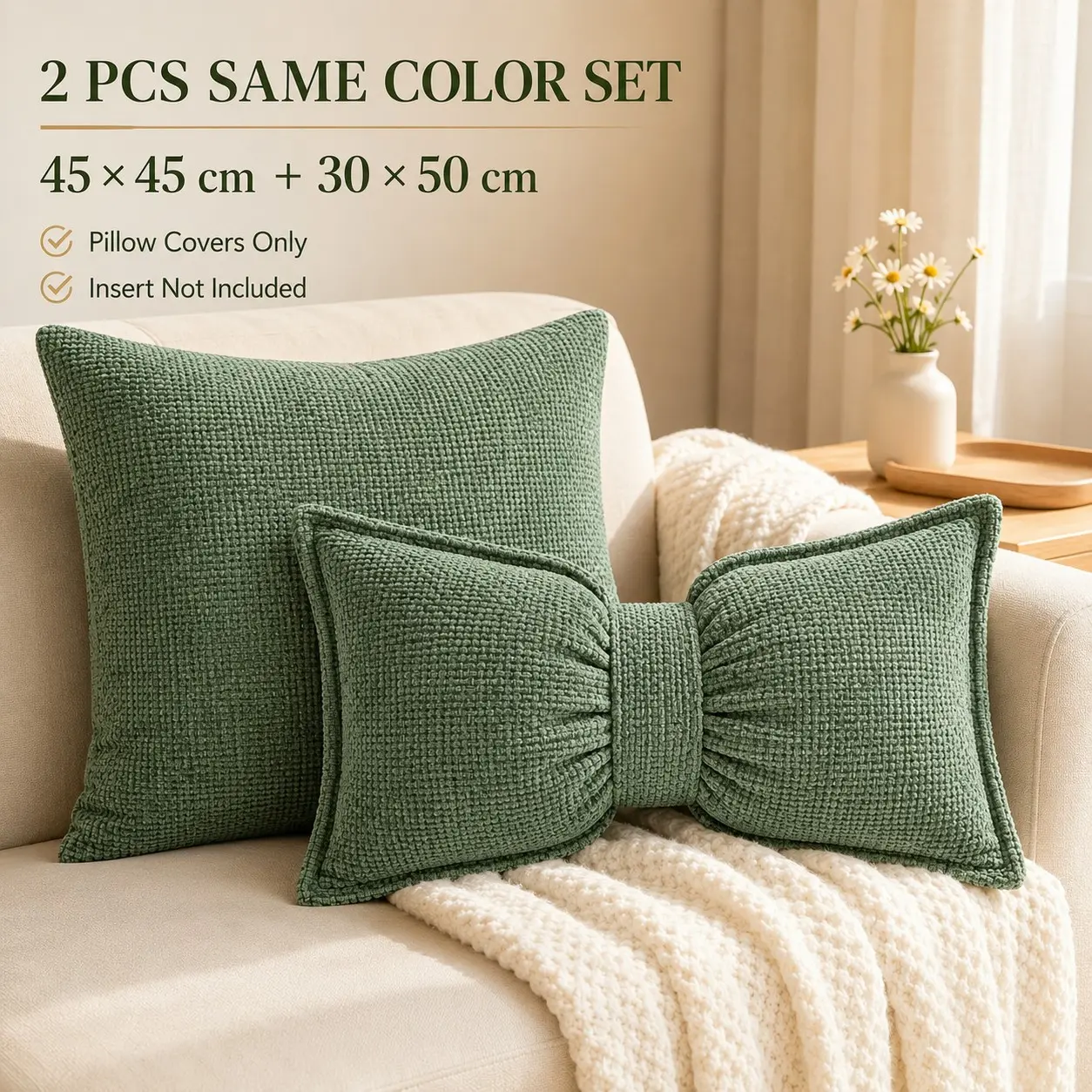 2 Piece Matching Pillowcase Set, 45x45cm Square Pillowcase & 30x50cm Bow Waist Pillowcase, Reusable Decorative Home Decor for Sofa Bedroom