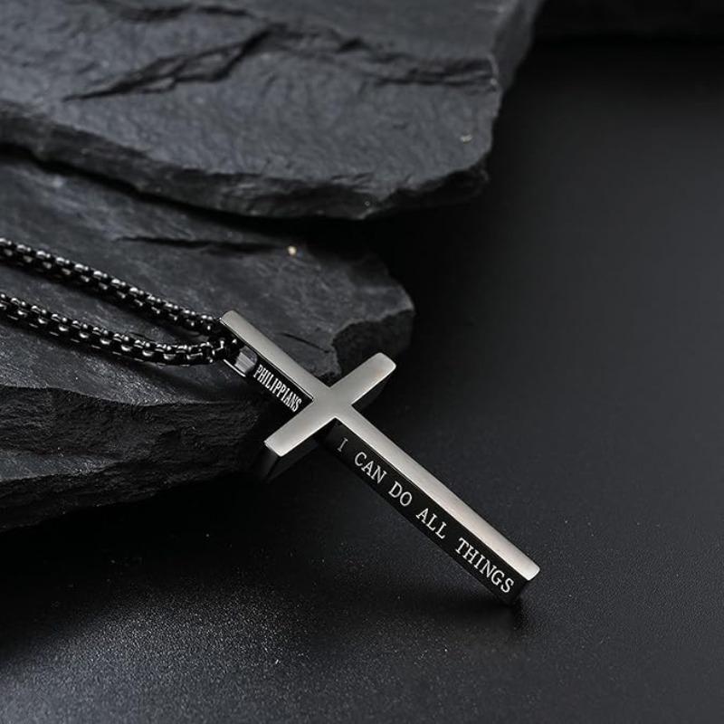 Cross Necklace for Men , Mens Necklace Waterproof Cross Pendant, Silver Chain Confirmation Gift for Him, Christian Catholic, Philippians 4:13 Christian Cross Stainless Steel Necklaces for Men I Can Do All Things