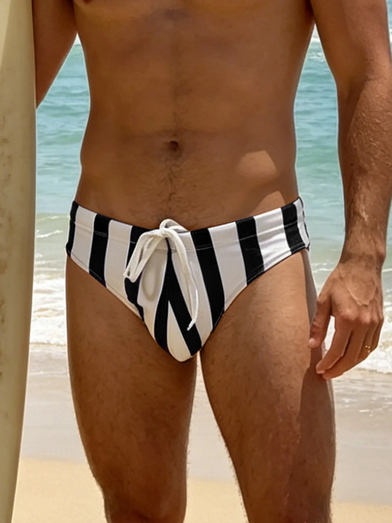 1Pc Men Striped Print Swim Briefs, Low Waist Drawstring Slim Quick Dry, Breathable Soft Active Swimming Swimwear For Beach Spa Vacation & Home Wear