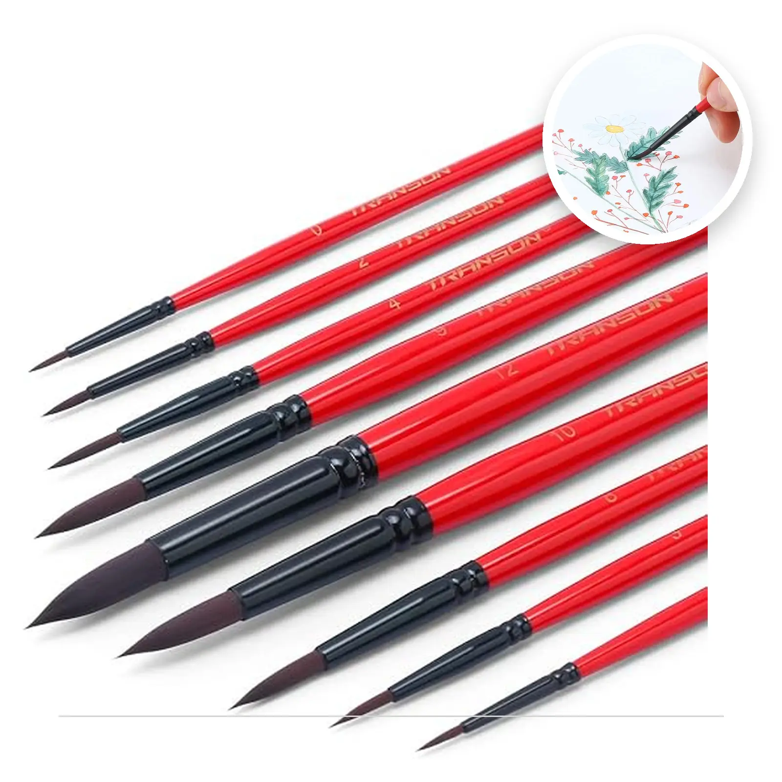 Transon Round Paint Brush Set 9pcs Synthetic Sable Hair for Acrylic Painting Watercolor Painting Gouache Ink Craft and Detail Painting