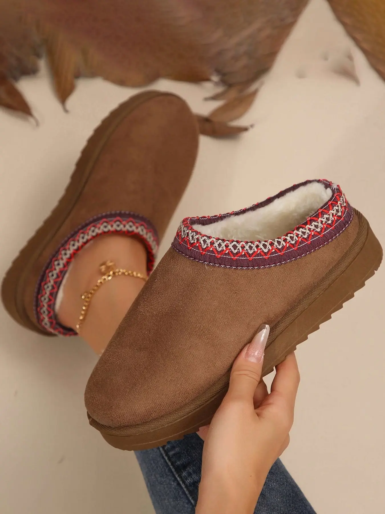 2026 Women’s New Collection: Black, Gray, Ethnic Embroidered Fleece Slippers, Fuzzy House Slippers, Lazy One-Step Cotton Shoes, Thick-Soled Slip-Resistant Headband Slippers, Warm Winter/Fall Home/Outdoor Dual-Use Slippers