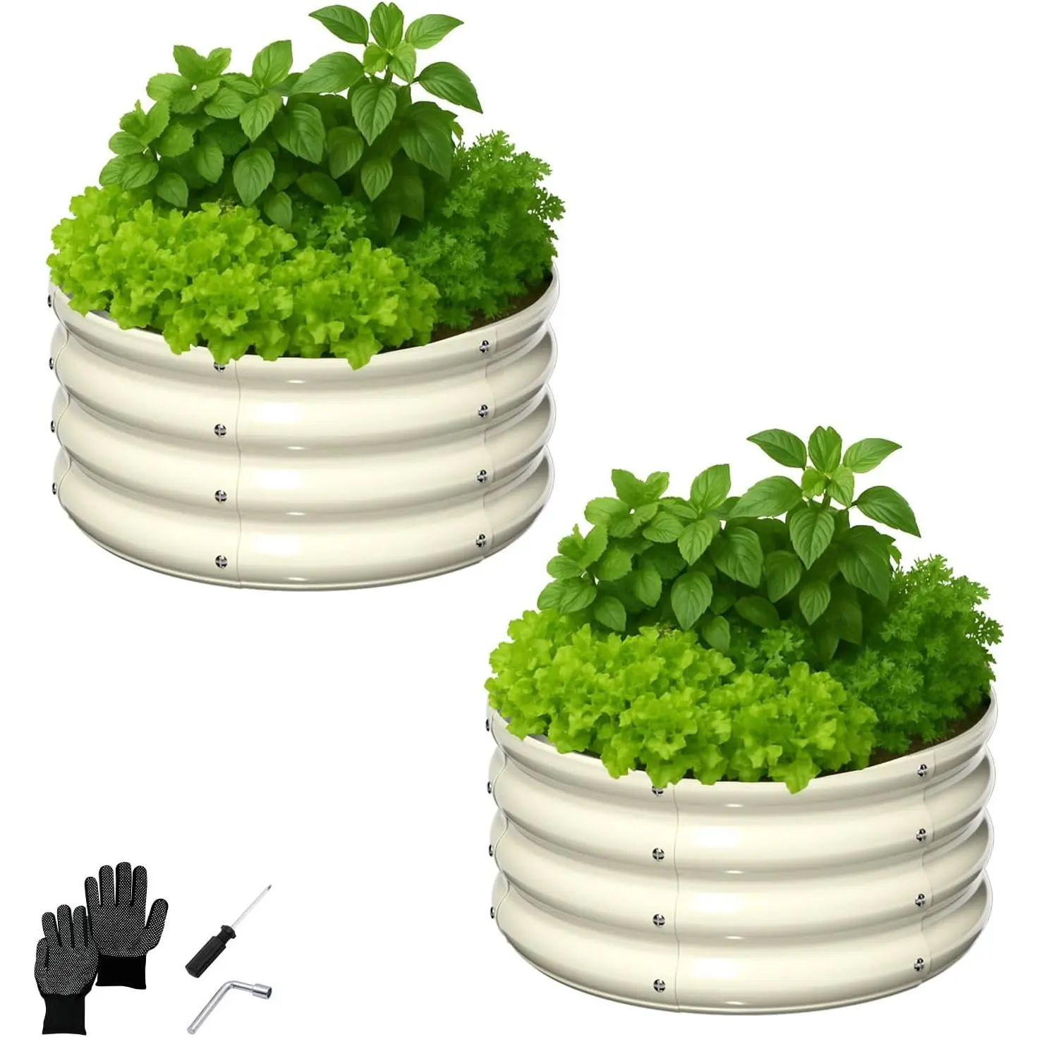 Karlhome 2 Pcs Galvanized Raised Garden Bed,Round Flowers Garden Beds,Metal Outdoor Planter Box,Large Backyard Patio Gardening Boxes,with Safety Edging & Gloves,for Planting Vegetables Fruits Herbs (White)