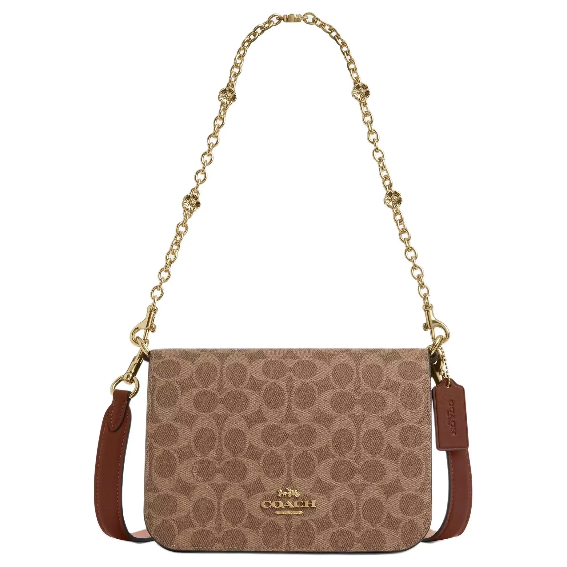 COACH Quinn 22 Detachable Chain Strap Coated Canvas Crossbody Bag for Women, Tan