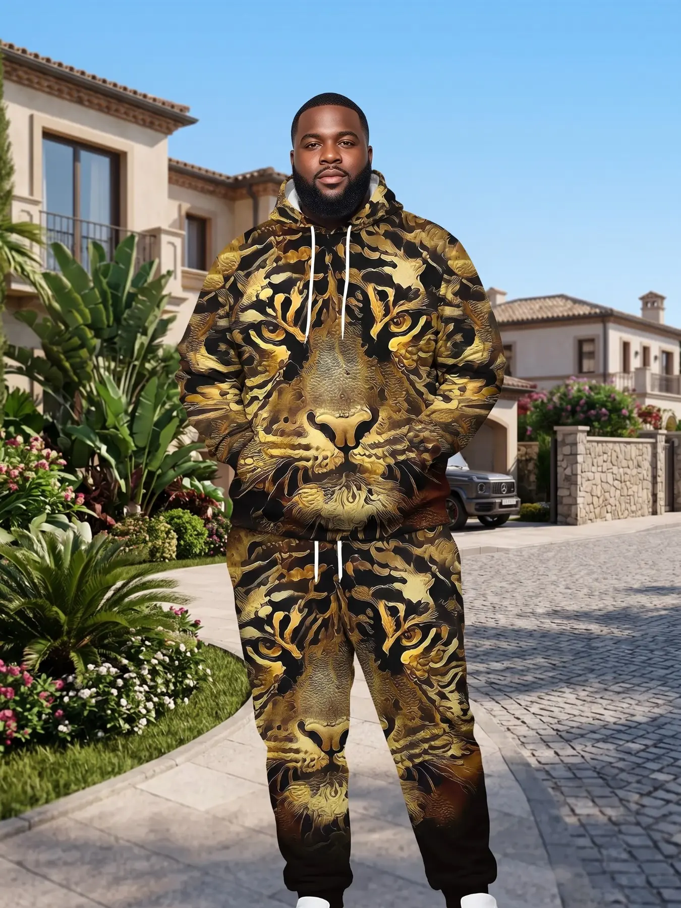 Men's Plus Size Gold Tiger Print Sport Set, Hooded Sweatshirt and Long Pants, Casual Loose-Fit Streetwear, All Seasons