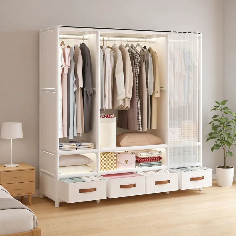 Portable Fabric Wardrobe Closet Organizer, Heavy Duty Metal Frame with Double Hanging Rods & 4 Fabric Drawers, Multi-tier Shelves & Sheer Dustproof Curtain, 2 Colors for Bedroom Dorm Apartment Clothes Storage