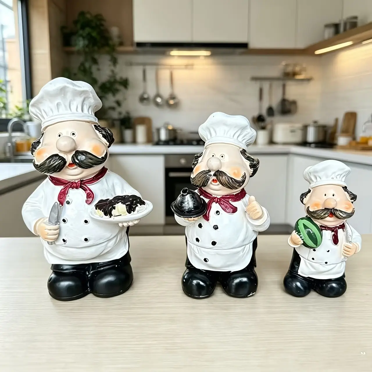 Cartoon Retro Big Bearded Chef Resin Figurine Set, Sweet Treats Holder, Avocado Chef Doll, Bakery Cafe Decor, Cake Shop Display