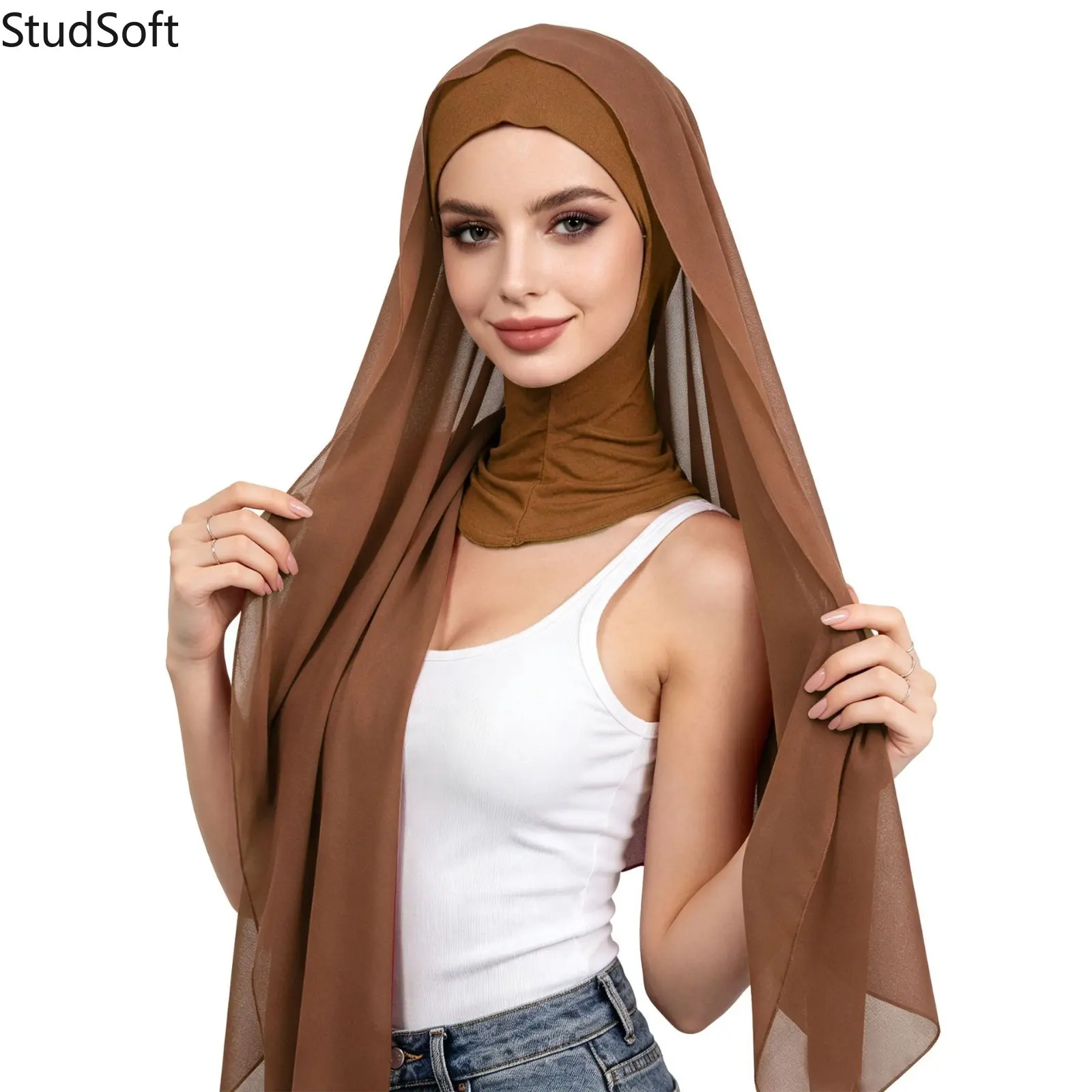 Instant Chiffon Hijab with Undercap Set Premium Jersey Inner Cap Muslim Headscarf Non-Slip Breathable Shawl Wrap for Ramadan Eid Daily Prayer
