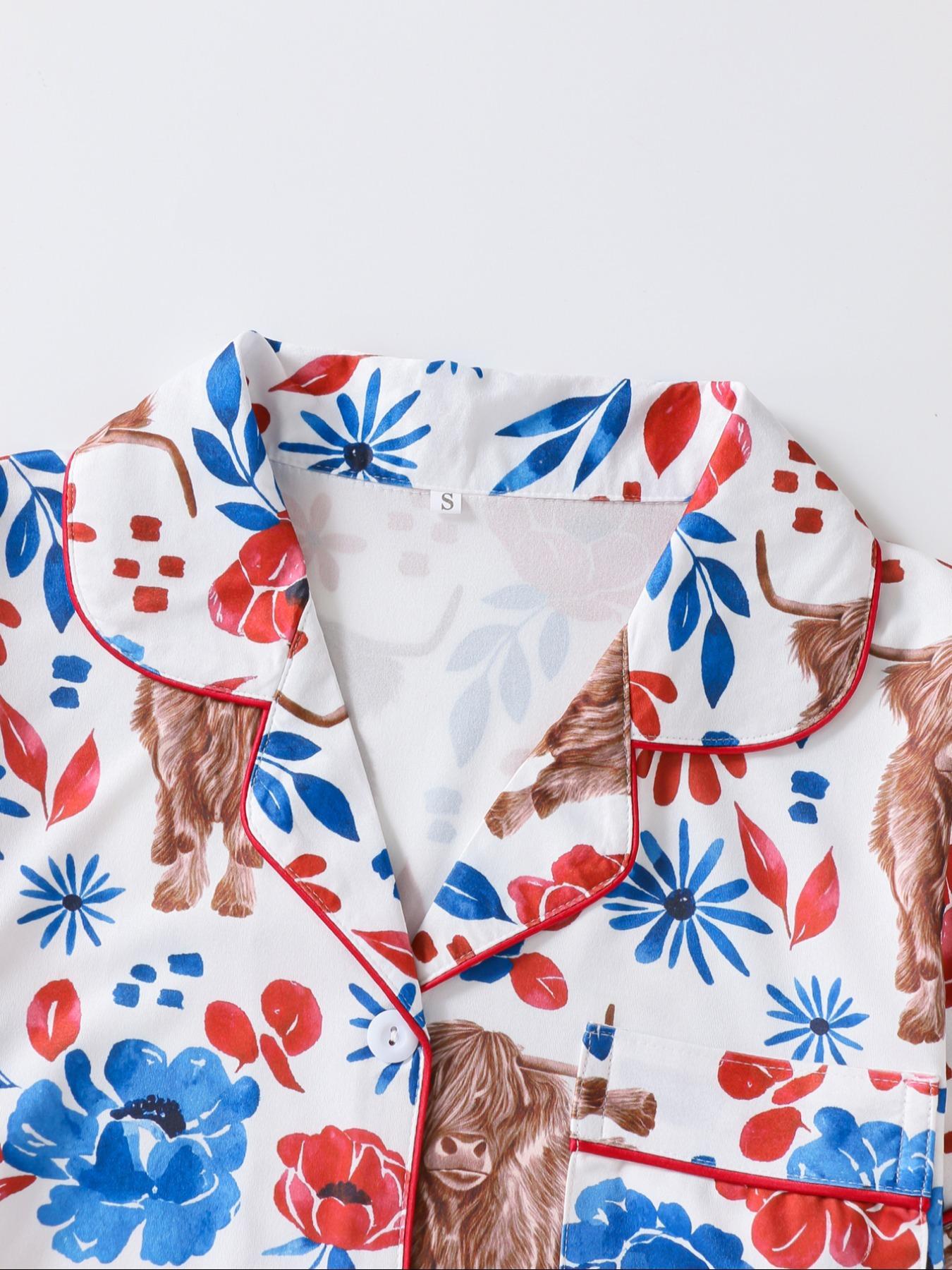 Women's Floral & Cow Print Top & Shorts Pajama Two-piece Set, Casual Comfy Short Sleeve Top & Shorts Pajama Set, Ladies Sleepwear & Loungewear for Summer, Sleep Pajamas Shorts, Womenswear