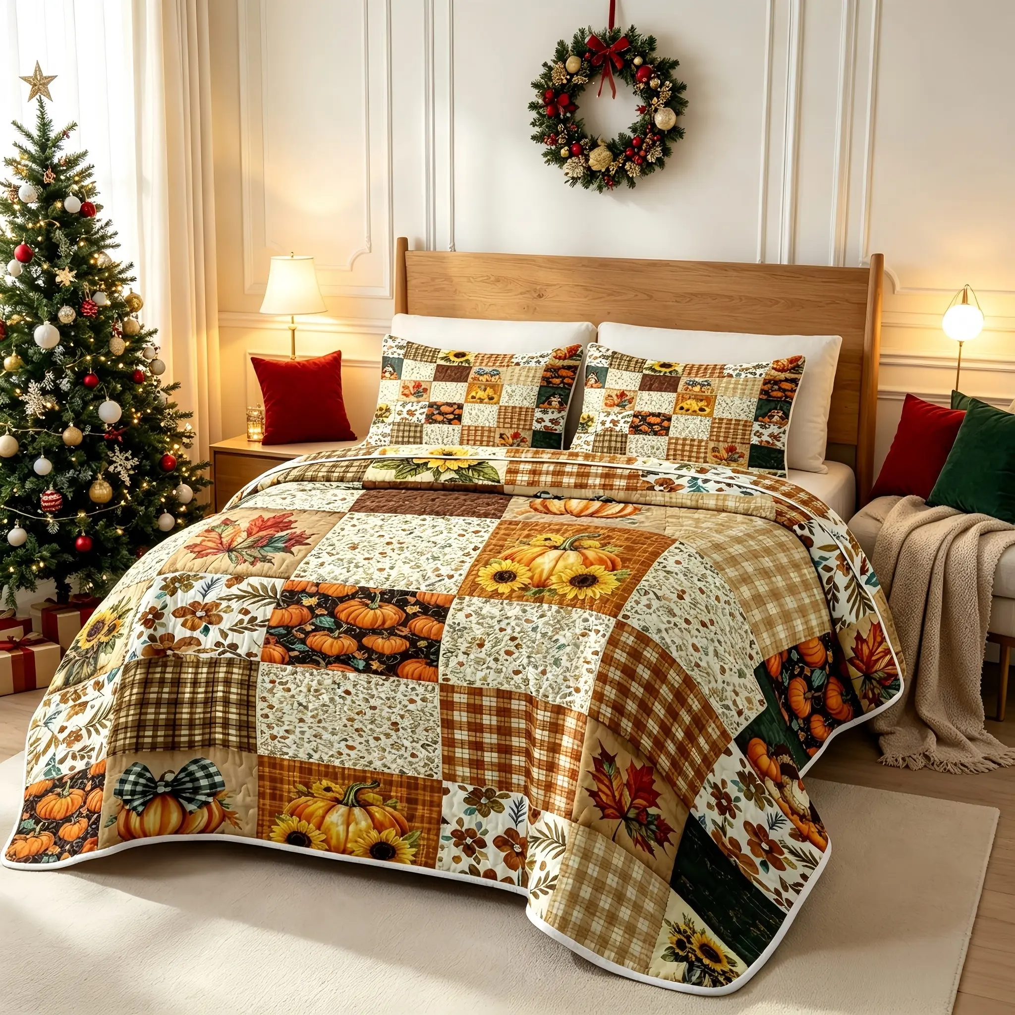 3pcs Thanksgiving Turkey Patchwork Quilt Set, Soft Lightweight Bedspread, Fall Harvest Bedroom Decor, Includes Quilt and 2 Pillowcases
