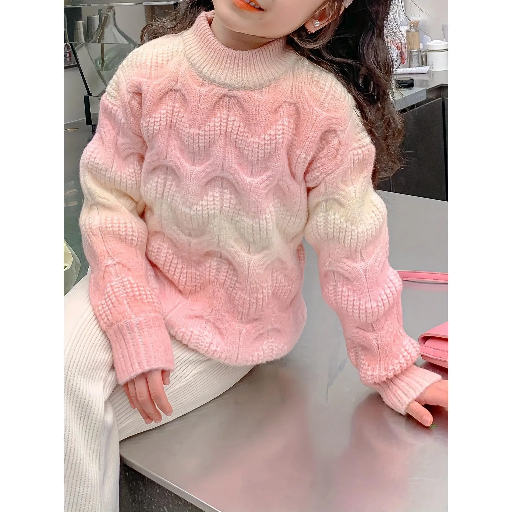 Girls Thick Knitted Pullover Sweater for autumn and winter, stylish princess design knit top for young kids. Warm comfy infant apparel, easy to match with different bottoms, ideal for daily home wear, casual strolls and outdoor activities to create lovely