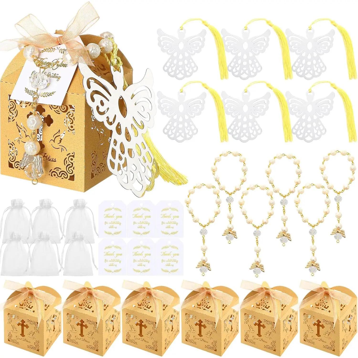 100 count Baptism Favors Set Bulk Baptism Gifts Include 20 Mini Rosary 20 Angel Bookmarks 20 Baptism Boxes 20 Organza Bags 20 Thank You Tags for First Communion  Shower Favors()