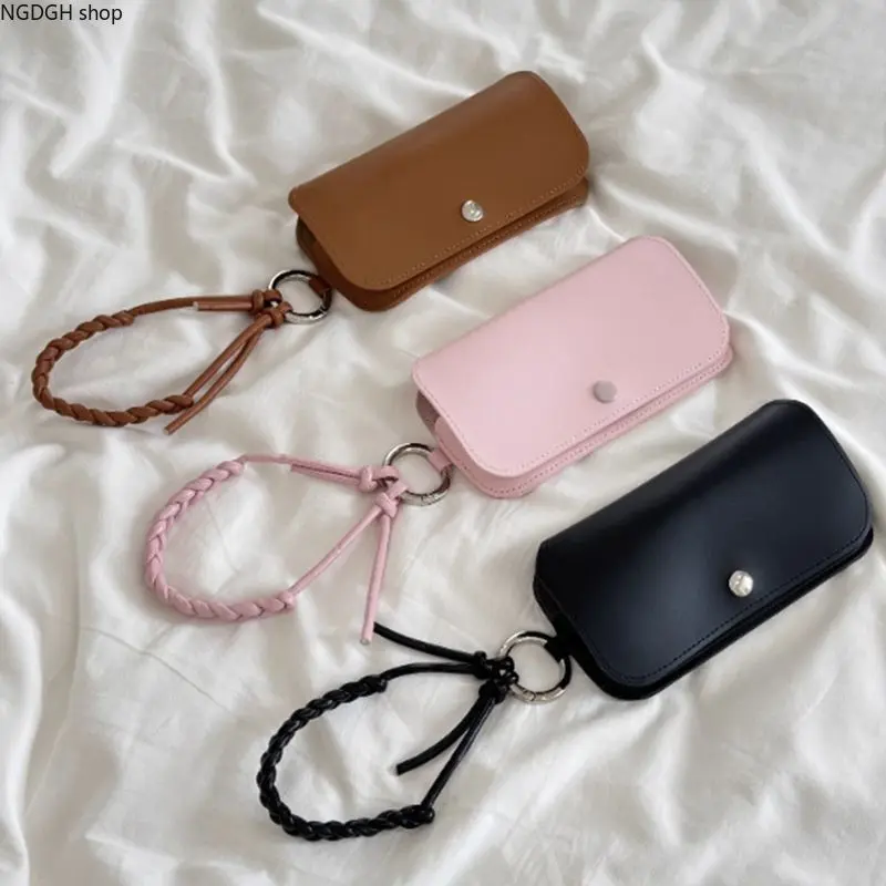Cute Pink Glasses Case with Braided Wrist Strap, Portable Snap-Close Eyewear Pouch, Stylish Vegan Leather Holder, Hands-Free Daily Accessory with Lanyard, Perfect for Women, Travel, Commute & Trendy Gift.