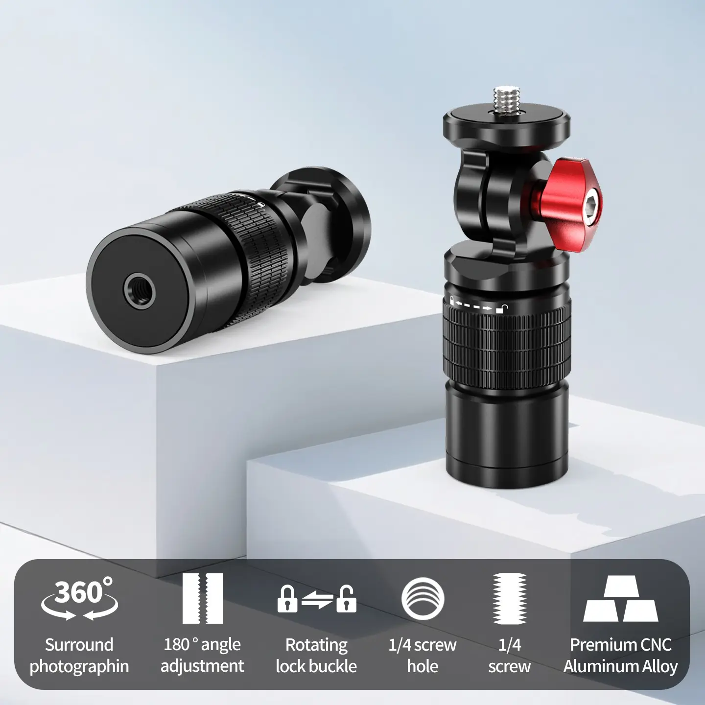 Feichao 1/4" Thread Selfie Stick Parts, 360 Degree Rotation, One Click Lock, Lightweight Action Camera Accessories, New Quick Mount Bracket