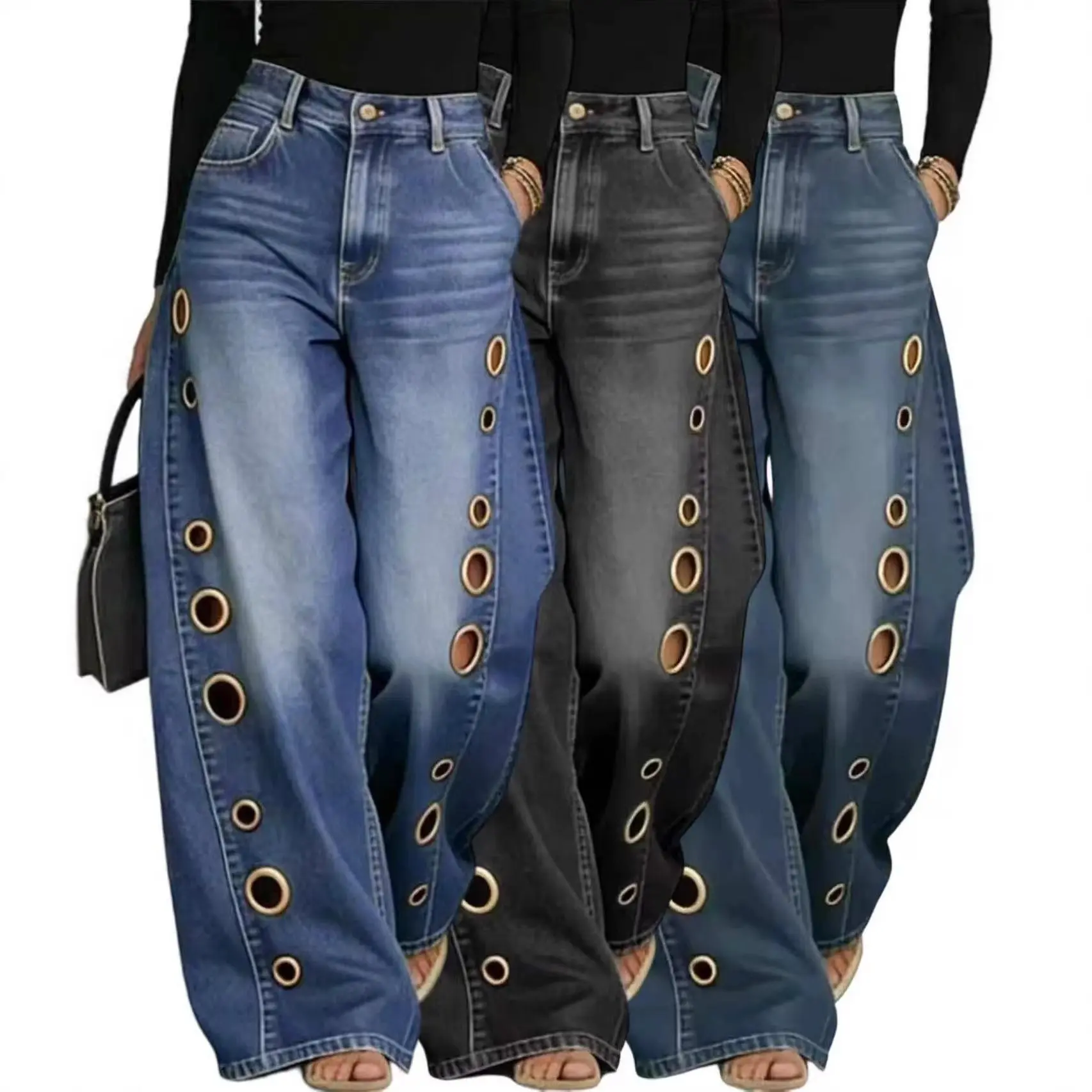 Spring and summer new metal European and American women's clothing solid color horse slip loose jeans,clothes for back to school,first day of school outfits