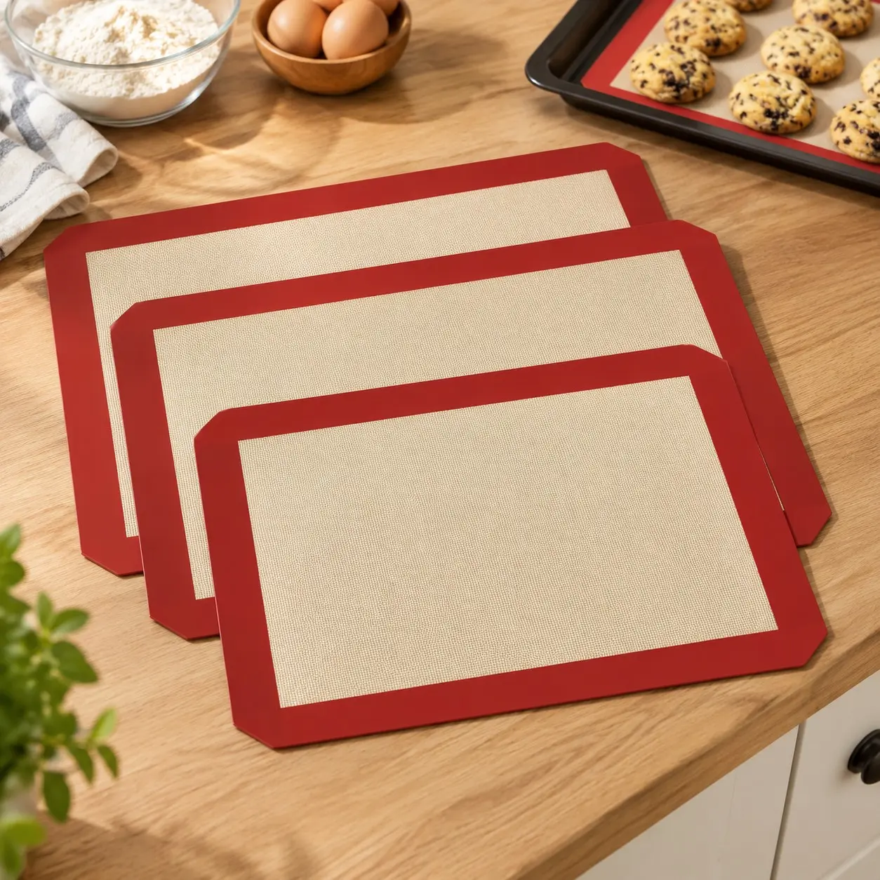 Silicone Baking Mats 3 Pack – Non-Stick Reusable Baking Sheets for Oven – Cookie & Macaron Mats – 2 Half Sheet + 1 Quarter Sheet – BPA-Free, Dishwasher SafeGift