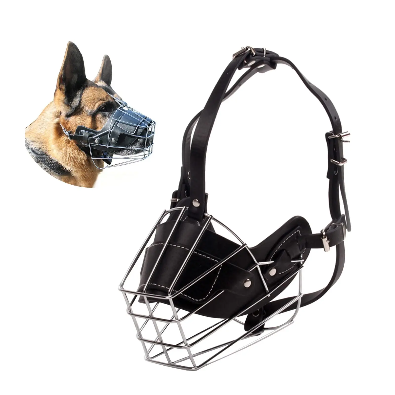 Dog Muzzle,Metal Basket for Medium Large Dogs, Adjustable Durable Metal Dog Muzzle with Leather Straps,Prevents Chewing and Biting,Basket Allows Panting and Drinking