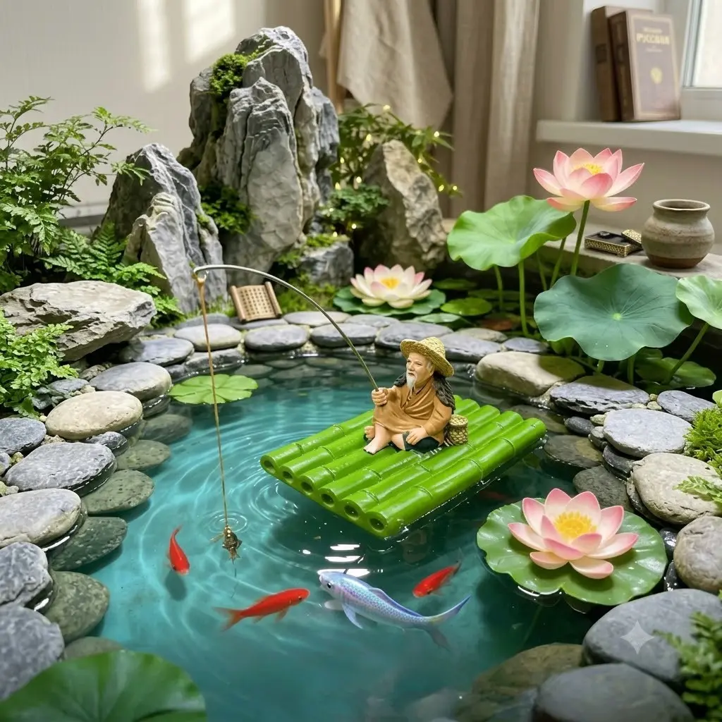 New Zen Home Decor Sculpture, Floating Bamboo Raft Fisherman Statue, Ideal for Water Feature Decoration, Complete Set, Garden Sculptures