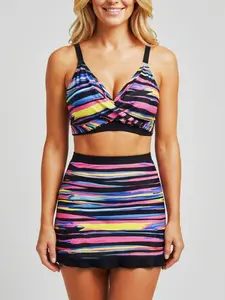 New Fashion Sexy Soft Cup Rainbow Stripe Bikini Set, All-Over Print Casual Swimsuit, Skirted Bathing Suit for Outdoor Pool Vacation, Beach Pool Swimsuit, Bikini With Skirt