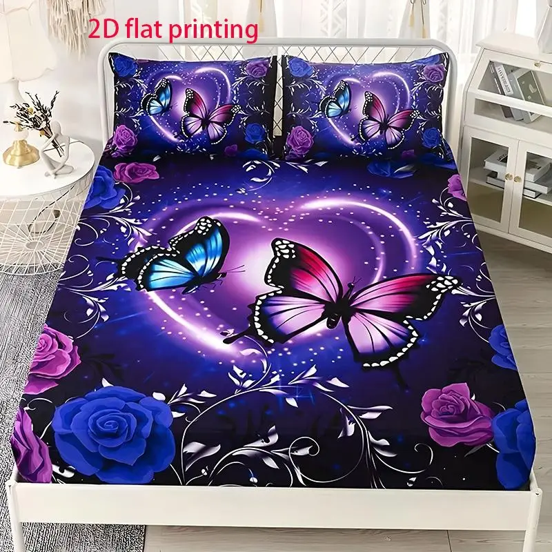 3pcs Purple Butterfly Printed Bedding Set, Bedsheet Sets, Bedsheets Set, Breathable, Soft, Comfy Bed Sets, All Seasons, Durable and Tear Resistant Polyester, Birthday Gift, Bedroom Hotel Decoration, Includes 1 Bed Sheet and 2 Pillowcases, No Fill