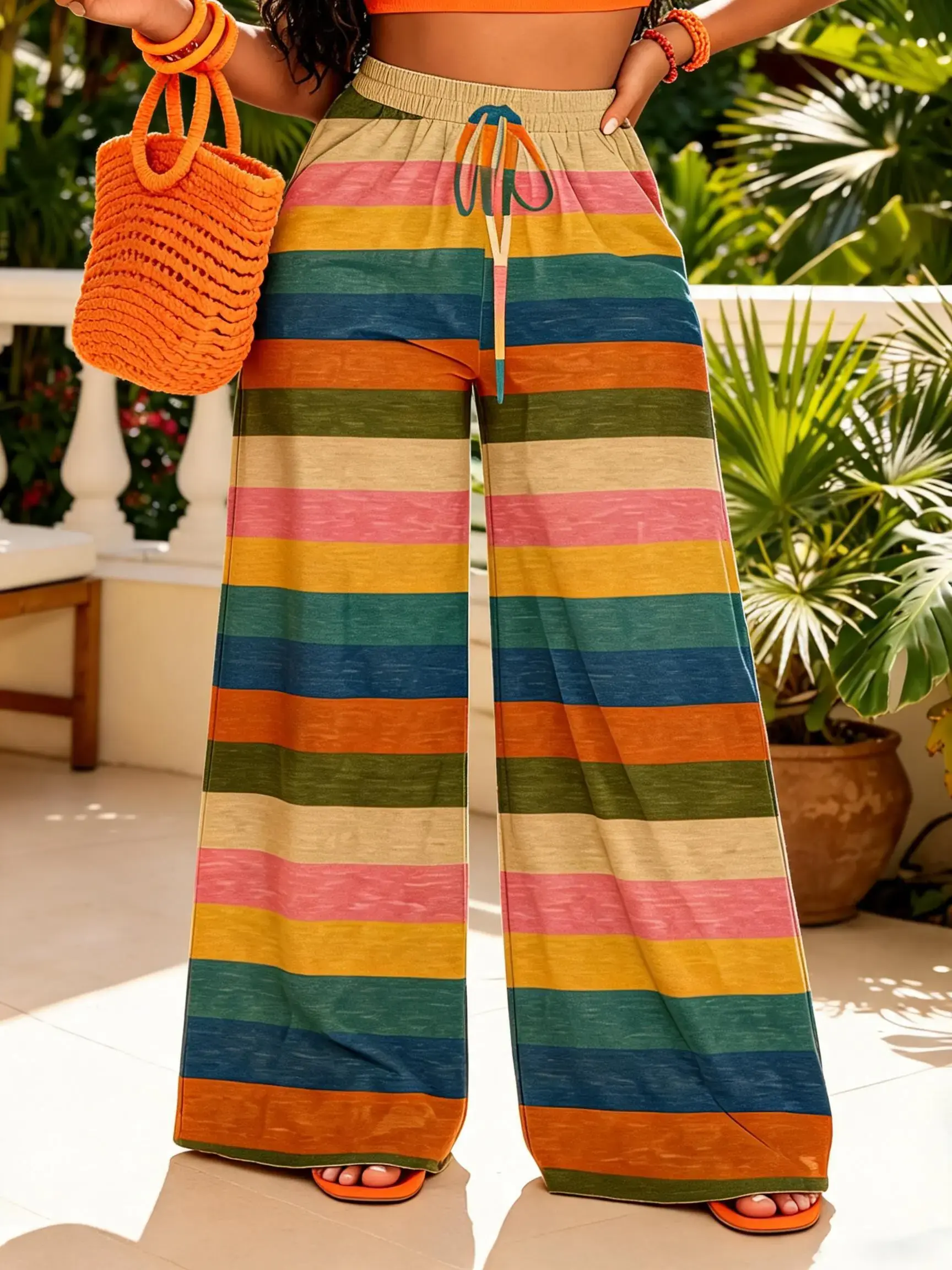 Vintage Rainbow Striped Wide Leg Pants for Women, Drawstring Adjustable High Waist Casual Fashion Loose Fit Long Trousers, Tropical Vacation Casual Drop Hem Pants, Bottoms, Beach Travel Pants, Boho Casual Trousers