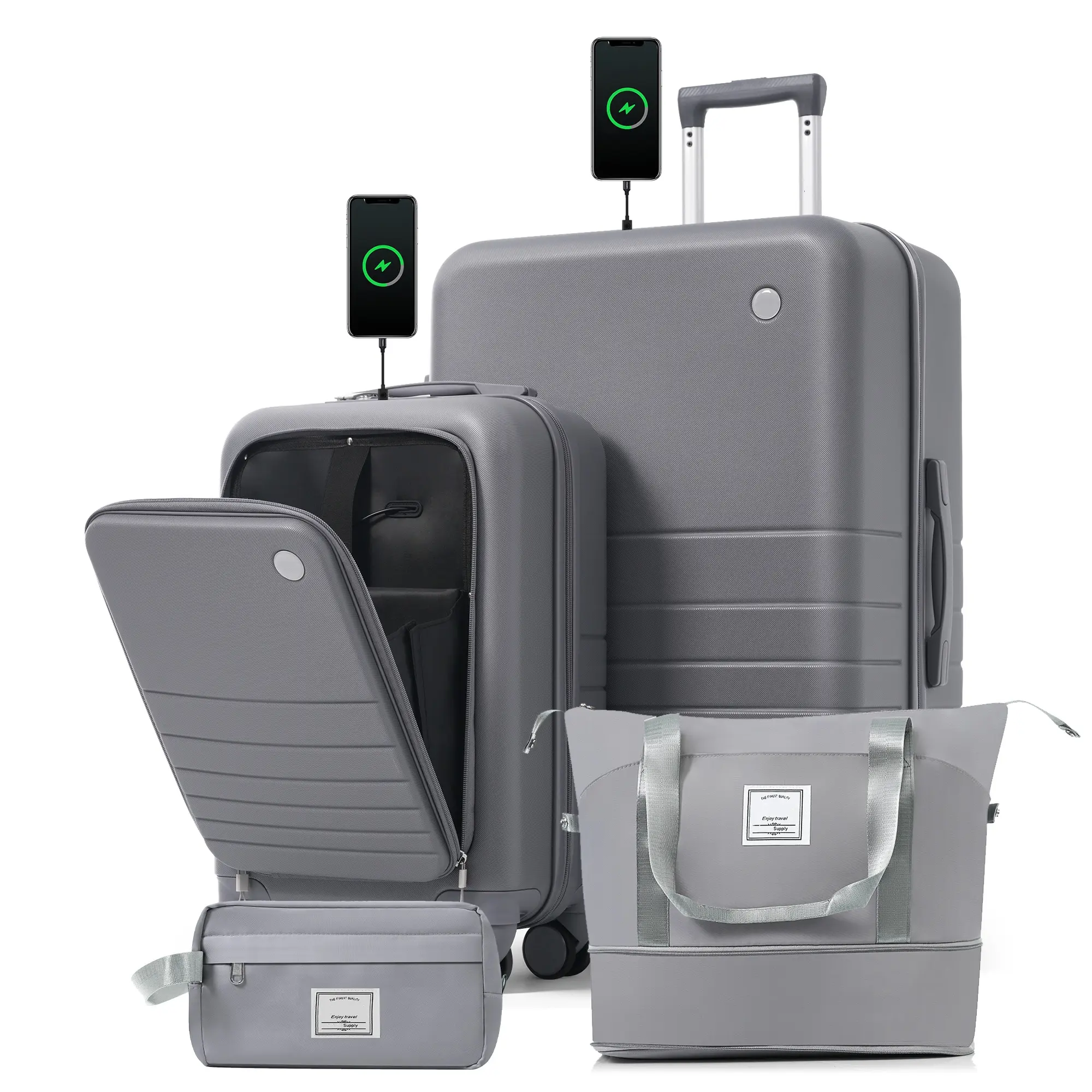 ARCH 4-Piece Travel Gear Set Pack - ABS Plastic Hardshell Luggage with USB Ports, 20in Carry-On (Front-Opening Laptop Compartment), 28in Checked Suitcase, TSA Lock, Spinner Wheels, Travel Duffel, Wet-Dry Toiletry Bag, Grey, Four Pieces