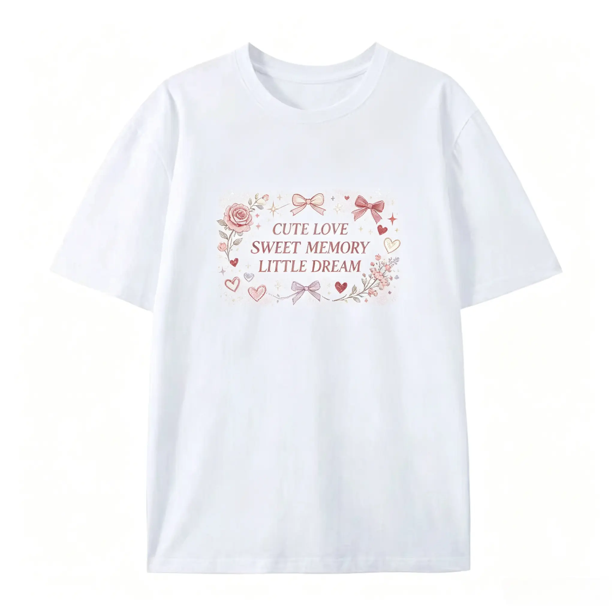 Men's 100% Cotton Oversized Short-Sleeve Vintage Print T-Shirt - Pink Bow Rose Heart Dream Design, Satin-Accented Cute Romantic Top, Ideal Valentine's Day Gift for Lovers