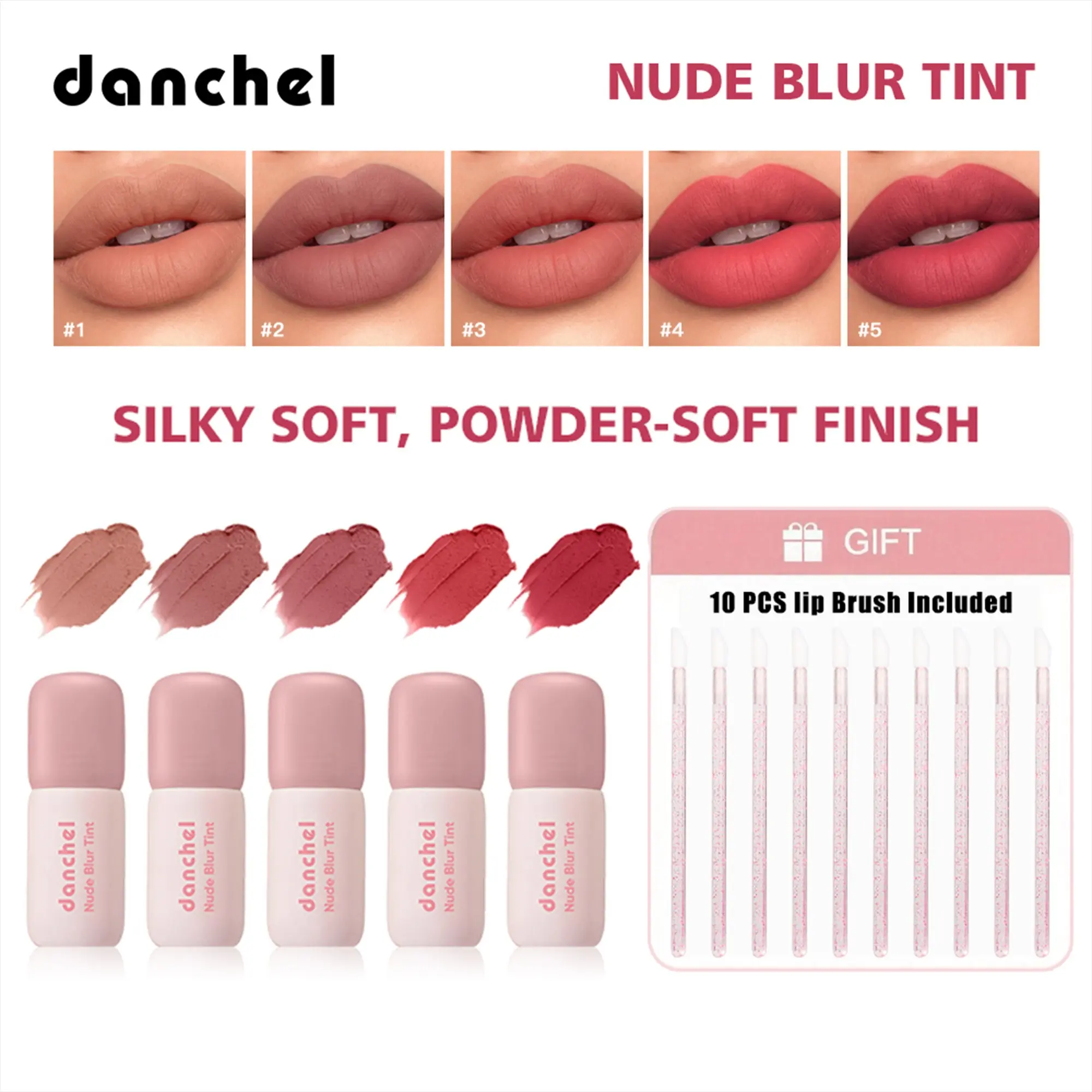 Nude Blur Tint Soft Creamy Matte Finish Lip Stain with 10pcs Brush Set, Long-Lasting, Moisturizing, Plumping, Revitalizing for Dry Lips Lipstick, Suitable for Dating, Halloween, Daily Makeup, Women's Lip Makeup Set