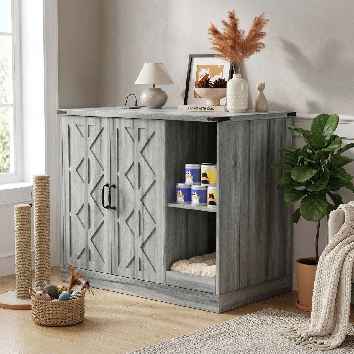 Cat Litter Box Cabinet with Power Outlet, Modern Litter Box Furniture for Large Automatic Litter Boxes, Hidden Litter Box Enclosure with Litter Catcher, Adjustable Storage Shelves, Gray