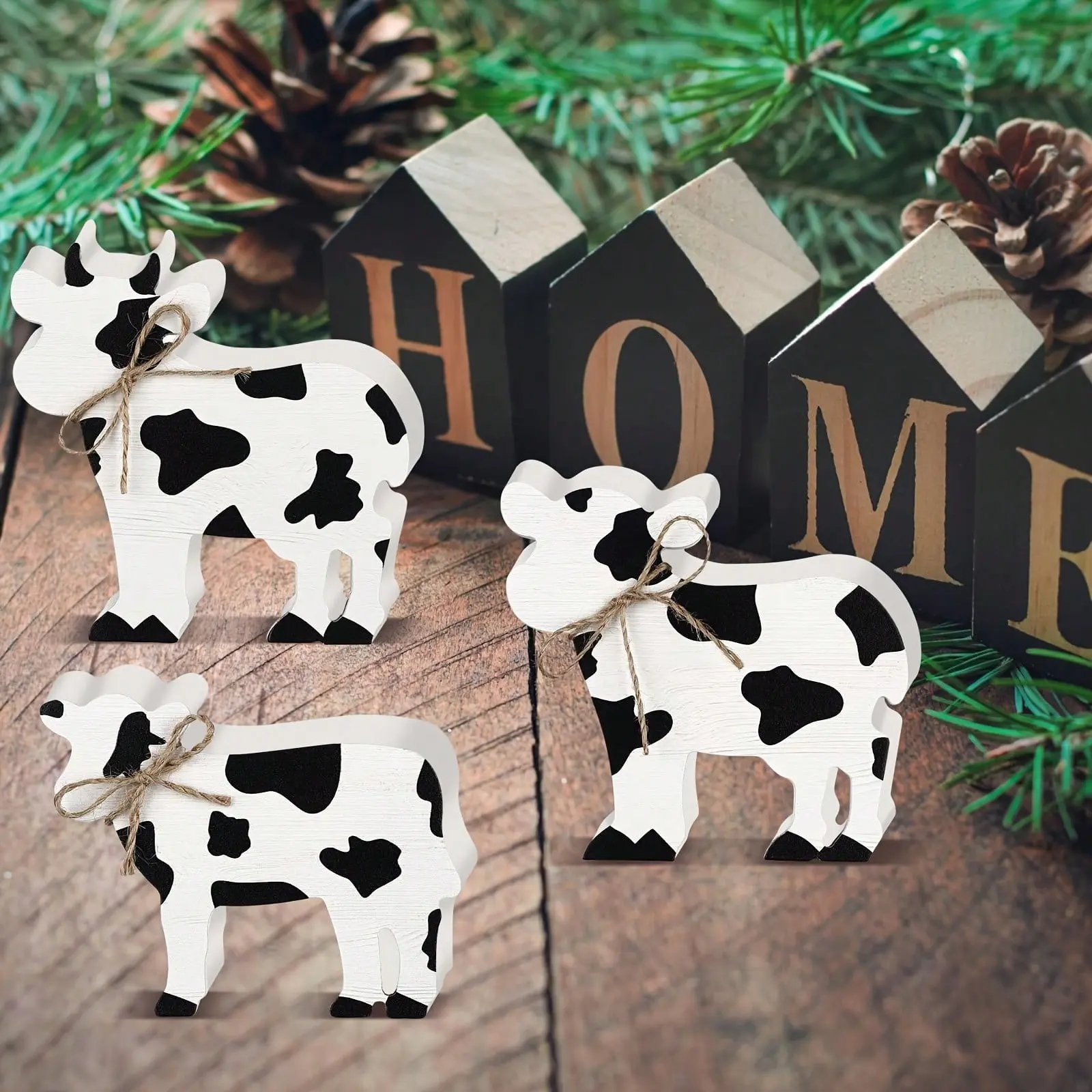 3 Piece Vintage Country Cow Wood Table Decor, Dual Color Options, Layered Tray Decor, Farmhouse Desk Centerpiece, Home Office Bedroom Decor