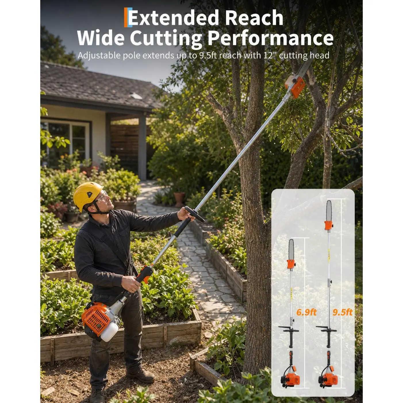 Gas Powered Pole Chain Saw, 12" Guide Bar & 9.5FT Extendable Max Reach, Gas Pole Saws with Anti-Vibration Handle, Auto-Oiling & Quick Release, EPA Certified for Tree Trimming and Pruning