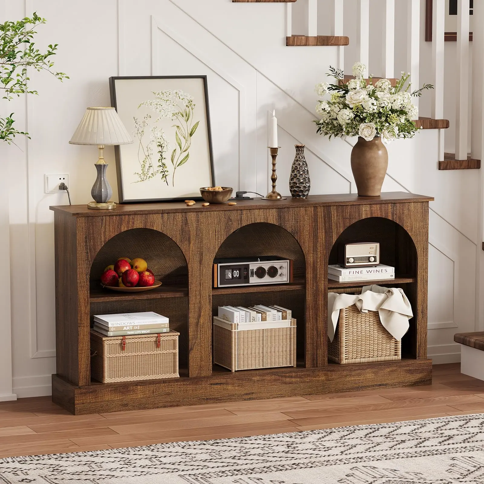 Garvee 63-Inch Arched Media Console with Power Outlets and USB Ports, Modern 3-Tier Rustic Brown TV Stand for Living Room, Fits TVs Up to 70 Inches