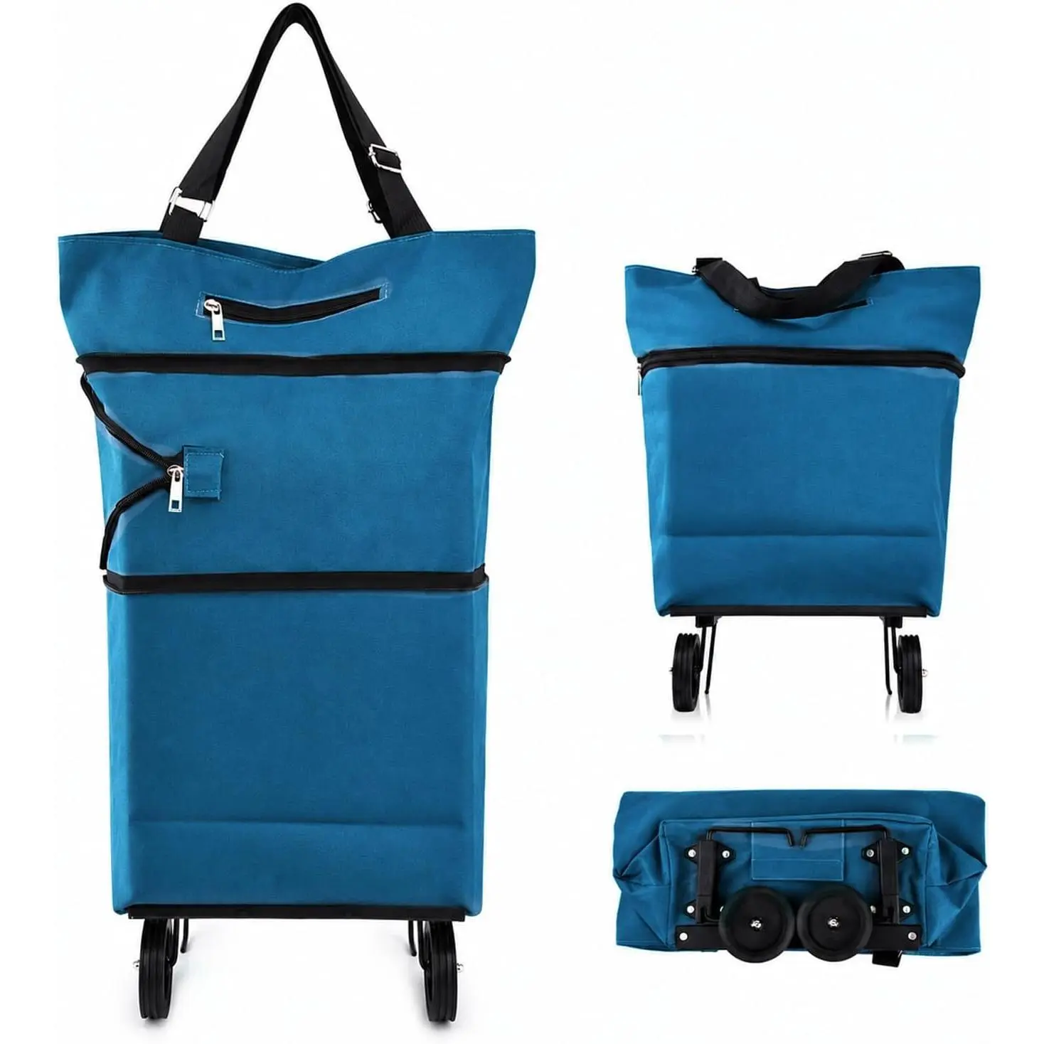 Collapsible Shopping Cart with 360° Swivel Wheels, Folding Trolley Grocery Bag, Reusable Foldable Tote Grocery Cart with Large Capacity, Suitable for Travel and Home Use (Lake Blue)