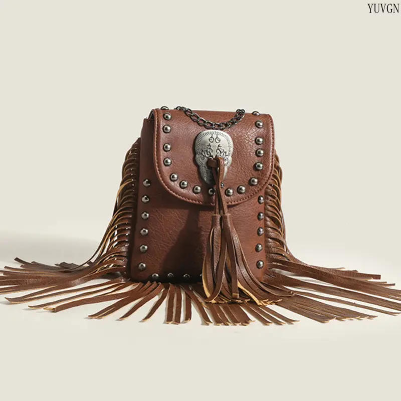 Female Adults' Gothic Boho Crossbody Bag - Embossed Skull Plate, Studded Rivets, Fringe, Western Chain Strap, Flap, Gym/Shoulder Bag for Party