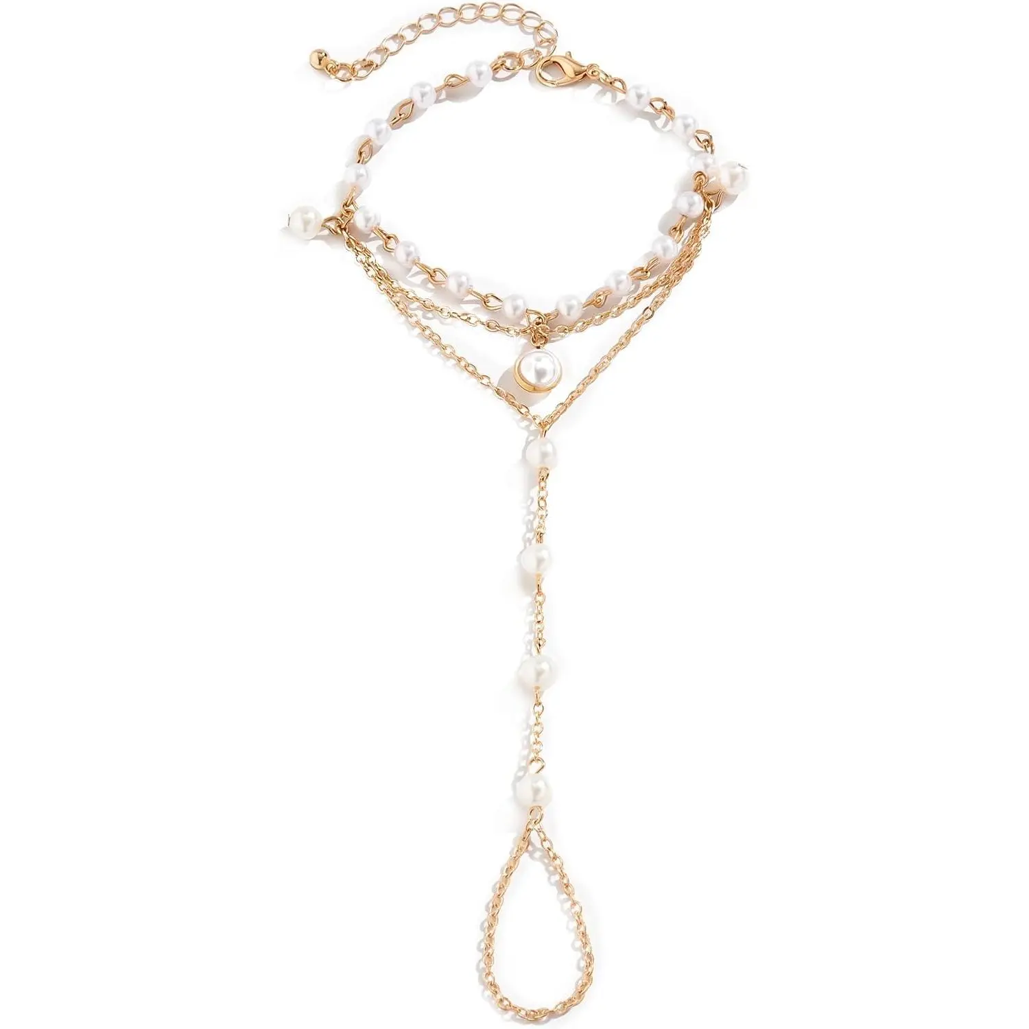 Elegant Ring Bracelet Hand Chain for Women, Lustrous Beaded Finger Bracelet , Adjustable Layered Hand Chains