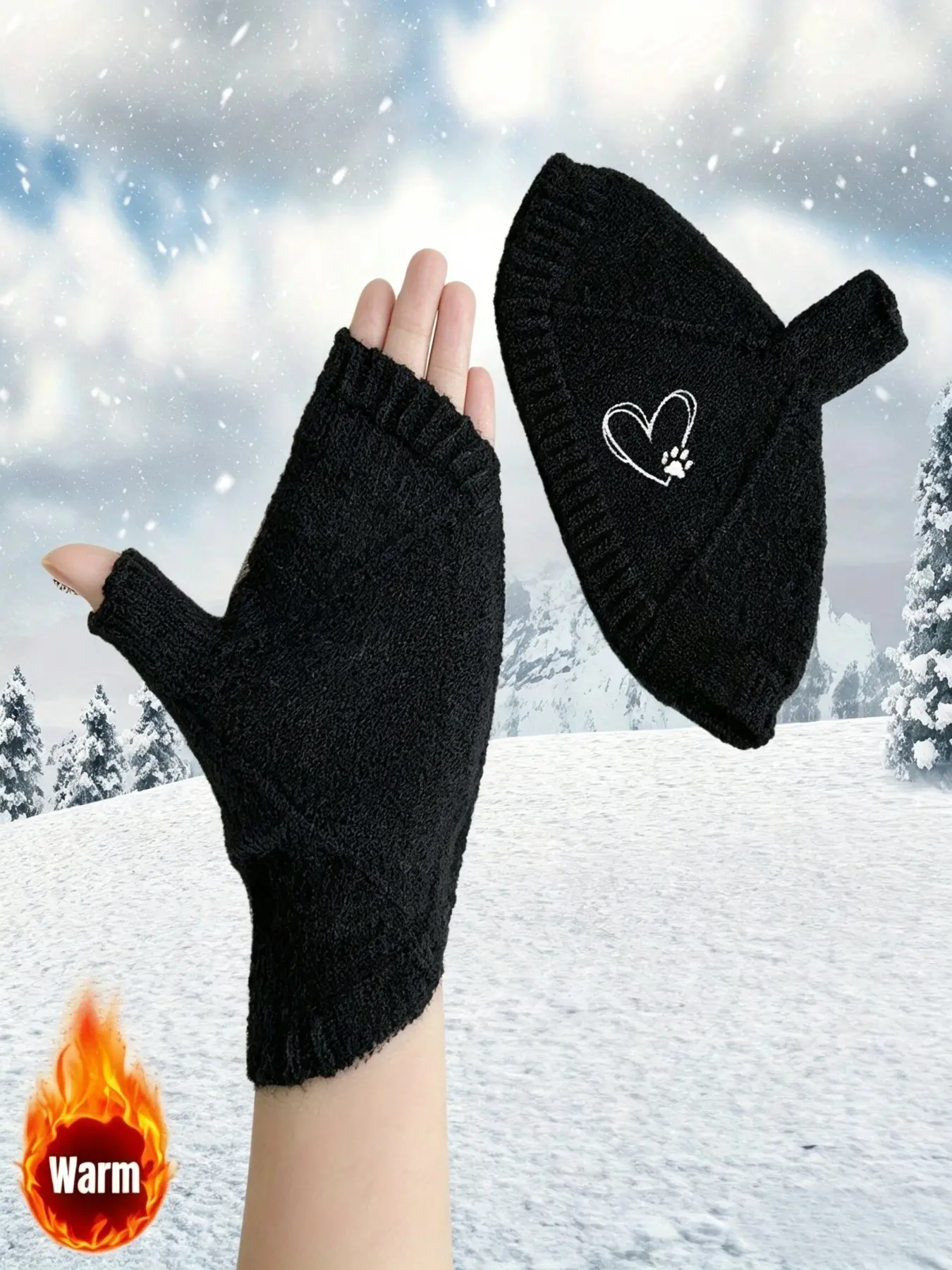 Women's Half-Finger Knit Gloves, Simple Heart Print Fashion Warm Gloves, Thickened Touch Screen Student Wrist Guards, Perfect Gift