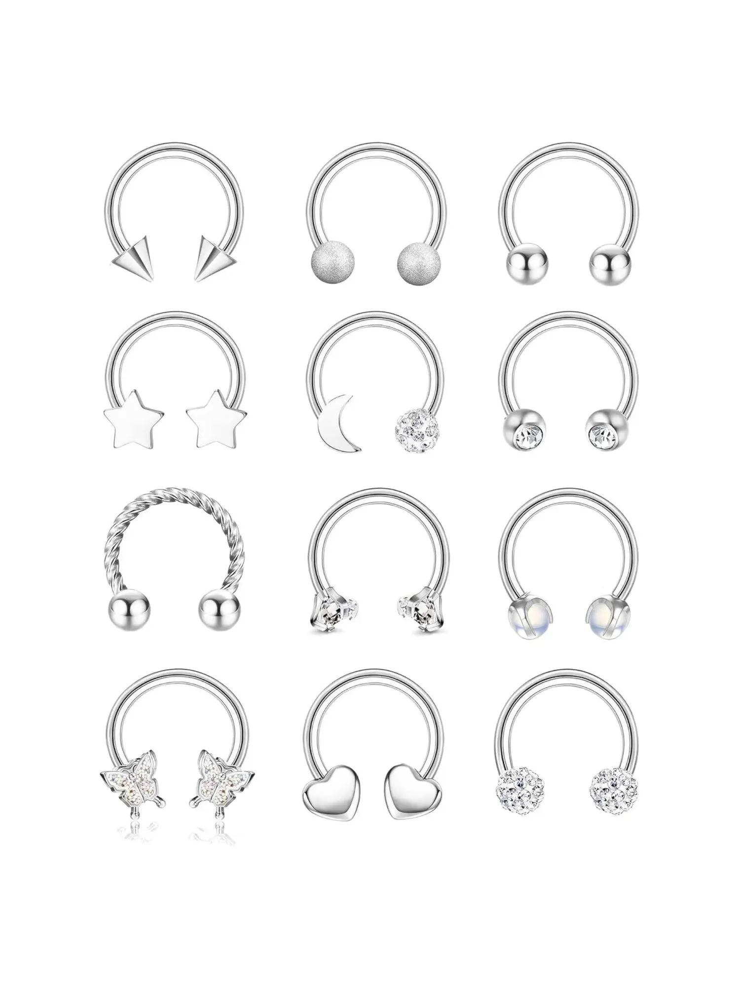 12 Pcs Silvery Versatile Septum Rings for Women Men Surgical Steel Copper Multi-functional Body Piercing Jewelry Set, Nose Rings Studs, Stable Texture Comfortable Wearing Experience Cute Lip Rings Nose Hoops