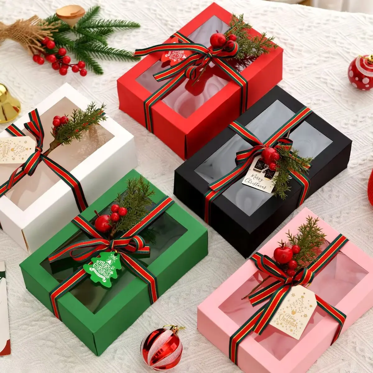 5Pcs Assorted Colour Christmas Clear Window Gift Boxes with Striped Ribbon & Artificial Pine Berry Ornaments, Festive Sweet Candy Cupcake Cake Packaging Boxes, Xmas Present Wrapping Boxes