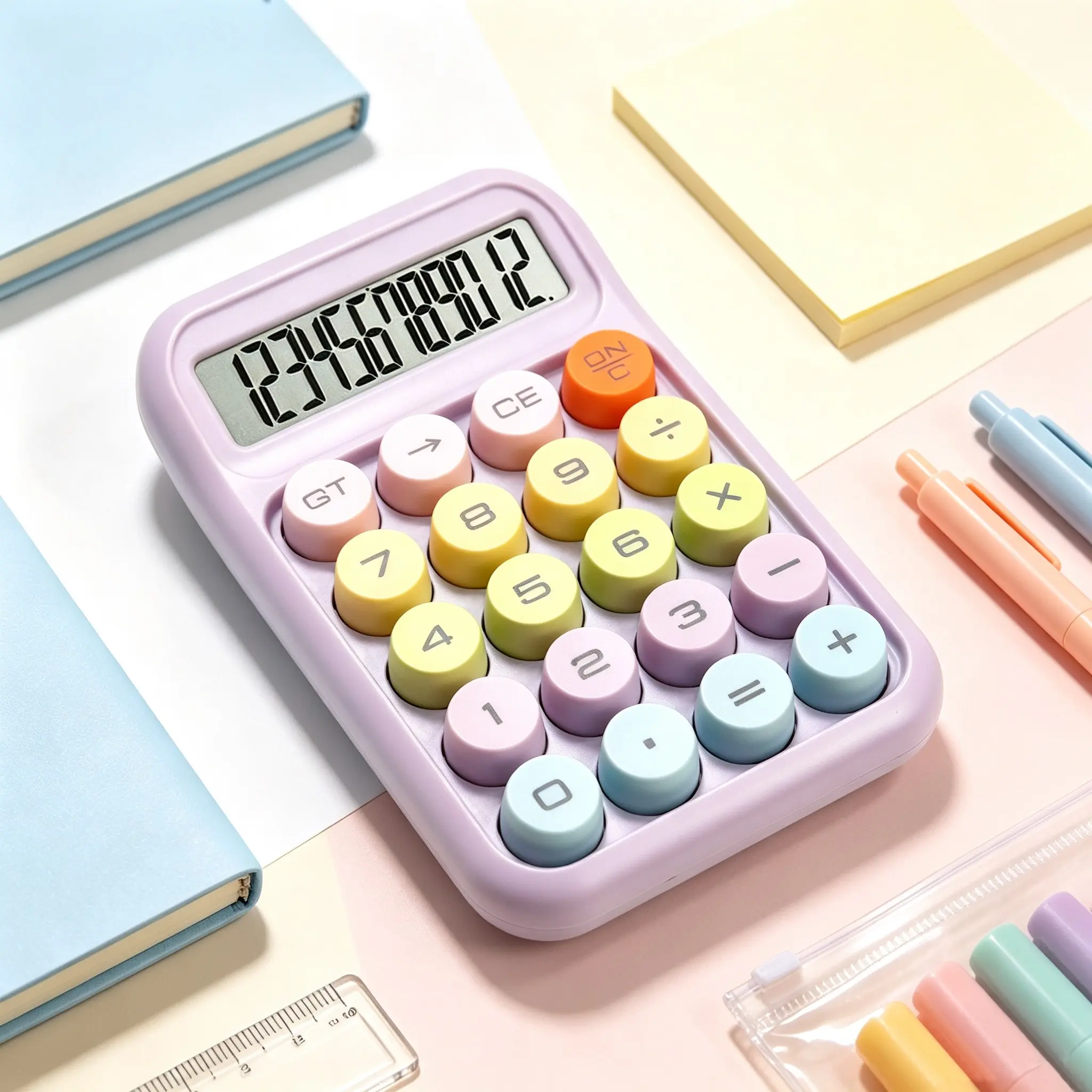 Cute Macaron Color 12-Digit Desktop Battery Powered Calculator, Large Screen Mechanical Keys, Portable Essential for School, Office, Study Desk Organizer